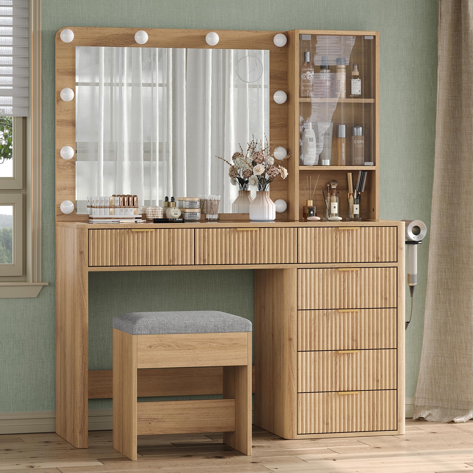 Yanosaku 7 Drawers Fluted Vanity Desk with Charging Station, 47'' W Makeup Vanity with LED Lights and HD Mirror, 3 Lighting Modes Adjustable, Glass Top, Vanity Set for Bedroom, Natural: 7 Drawers Natural