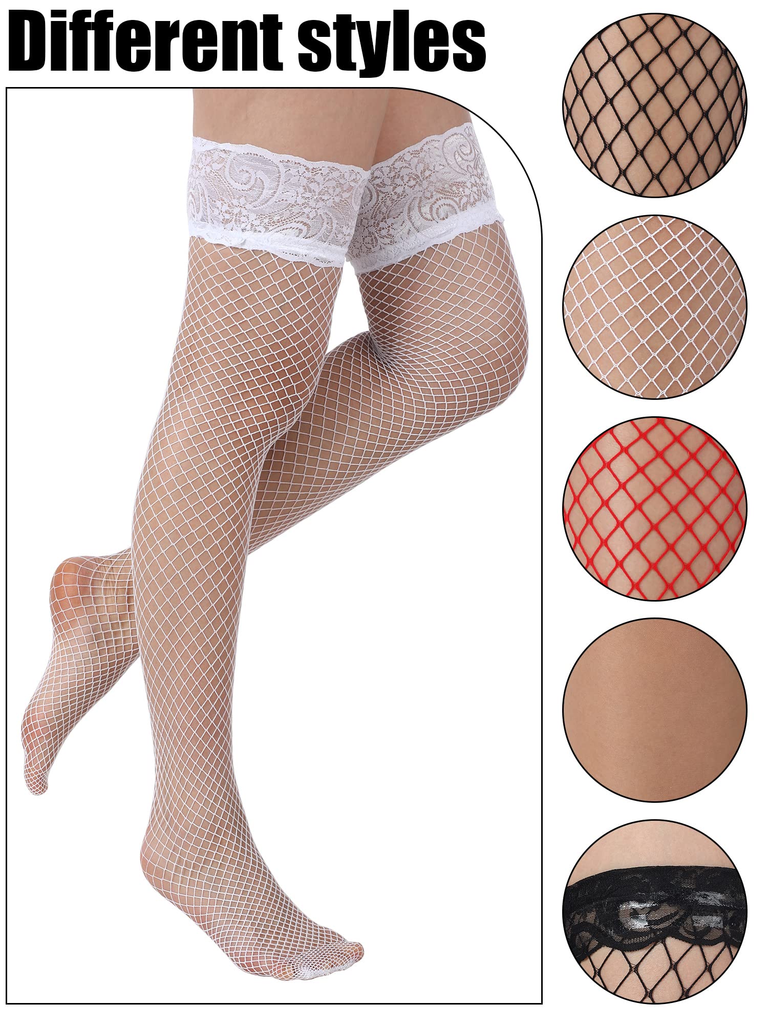 Bencailor 4 Pairs Fishnet Thigh High Stocking for Women Silicone Lace Top Sheer Over Knee Silky Stockings: Red, White, Black, Coffee Medium