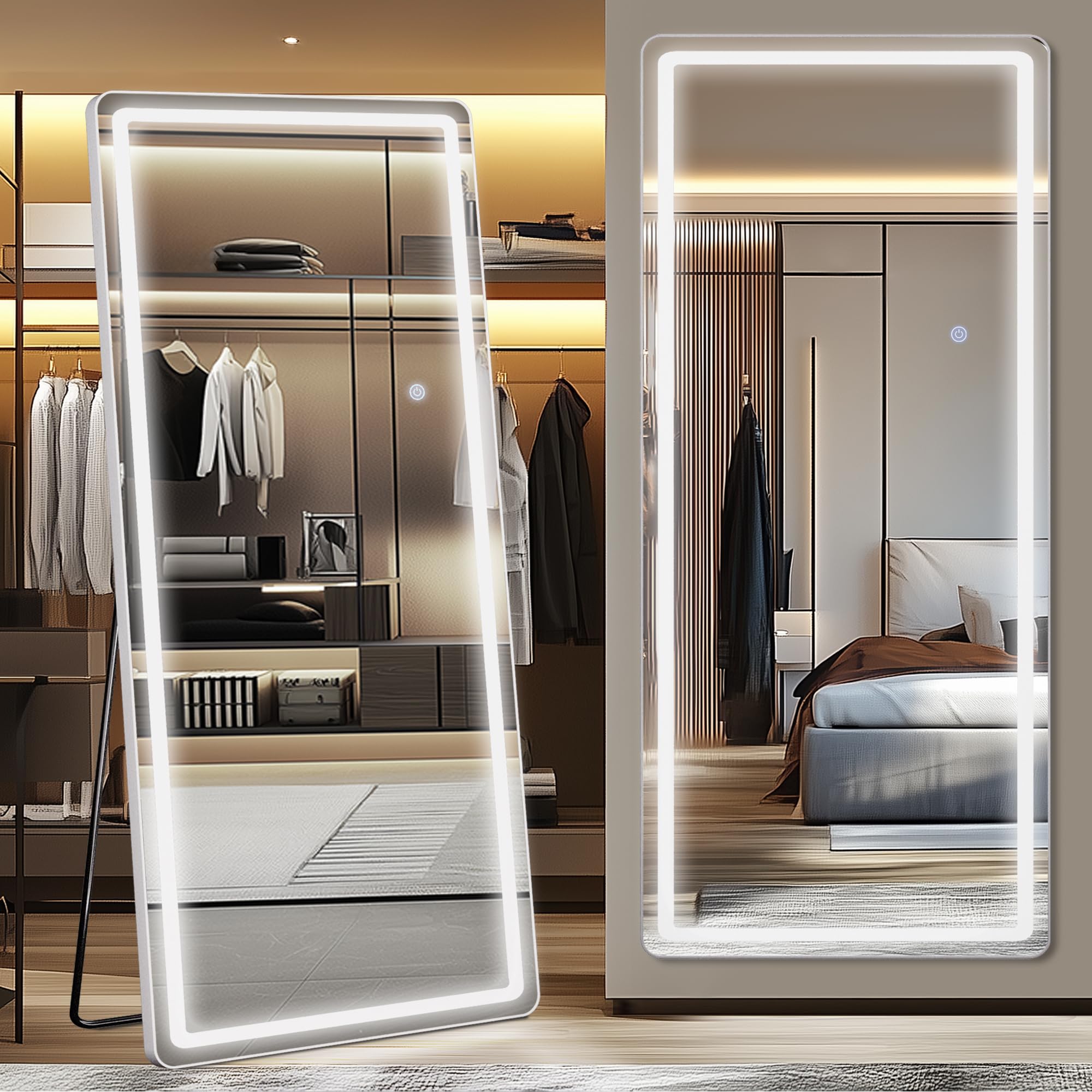 Antok LED Full Length Mirror, 71" x 28" Lighted Floor Standing LED Mirror Full Length,Hanging Mirrors with Stand Free Standing Floor Mirrors for Bedroom (Rect): 71"L x 32"W Rect Style White