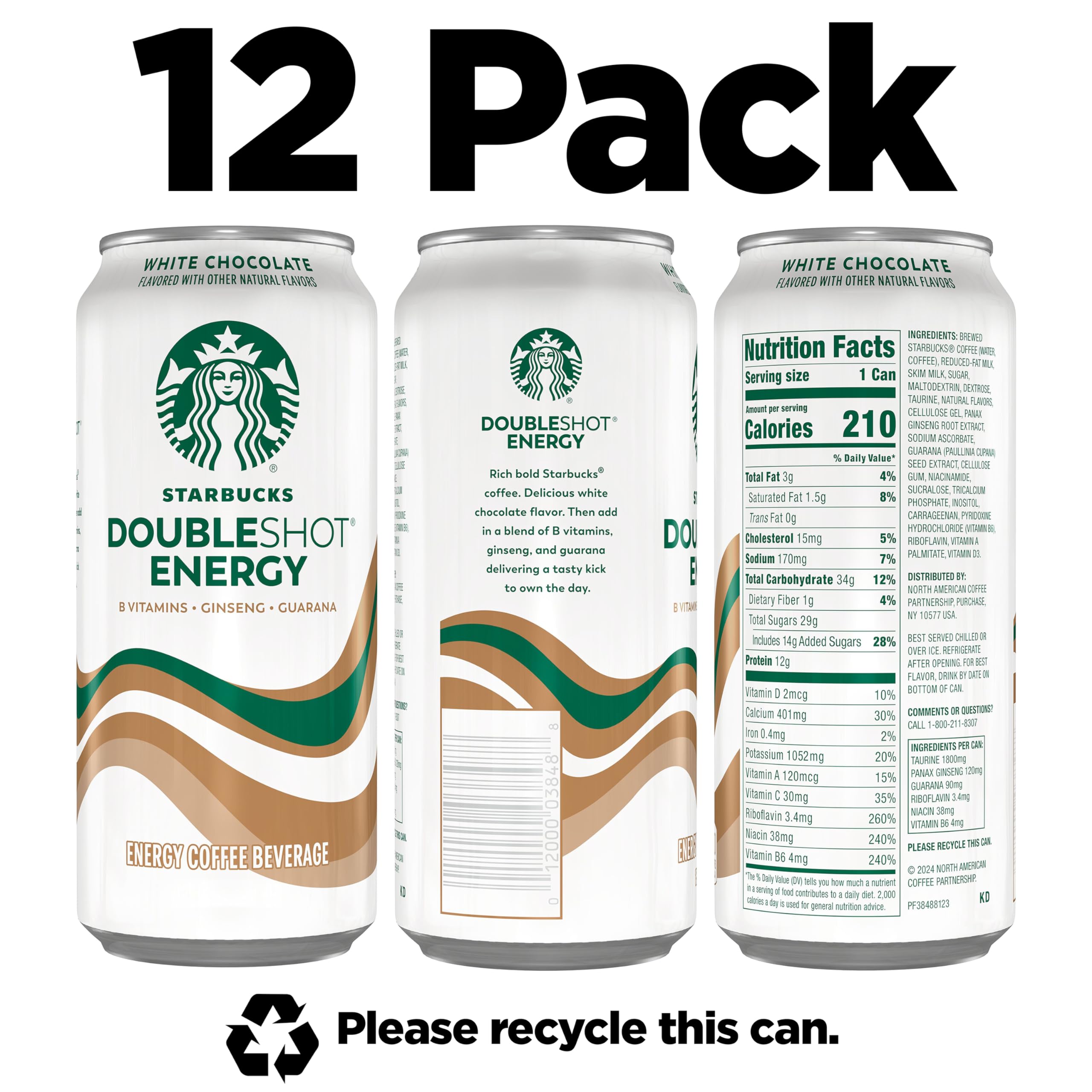 Starbucks Doubleshot Energy Drink Coffee Beverage, White Chocolate, Iced Coffee, 15 fl oz Cans (Packaging May Vary) (Pack of 12): White Chocolate 15 Fl Oz (Pack of 12)