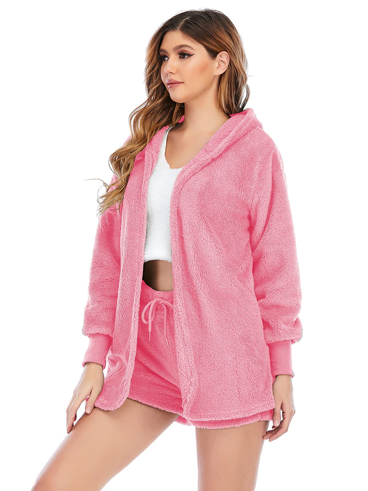 Famnbro Women's Sexy Fuzzy 3 Piece Outfits Fleece Warm Hooded Cardigan Crop Top Shorts Set Pajamas Loungewear