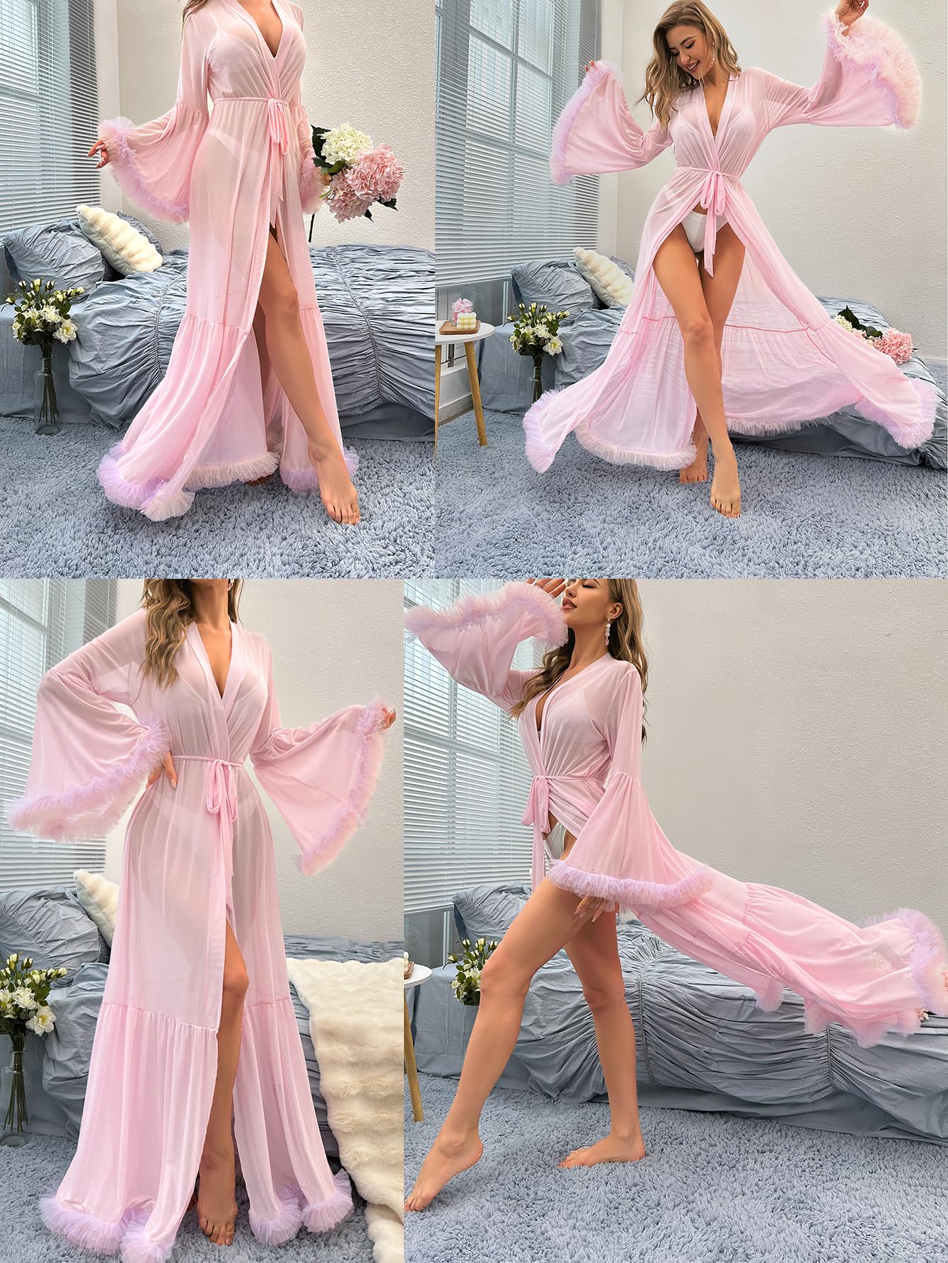 OYOANGLE Women's Ruffle Trim Long Sleeve Belted Sheer Mesh Wedding Bride Robe Nightgown: Small Light Pink