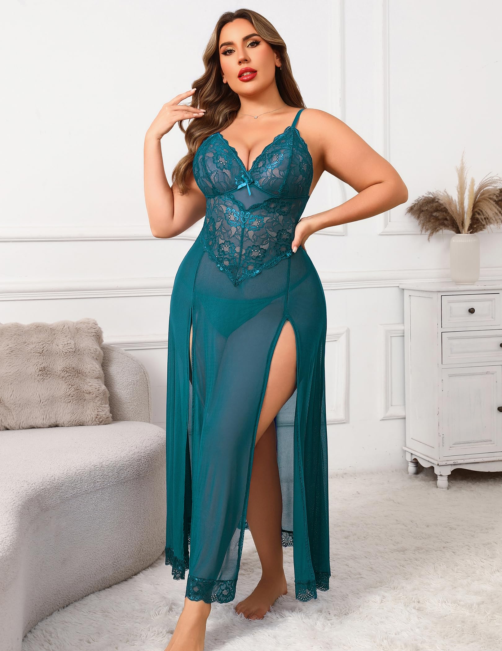 Avidlove Plus Size Lingerie for Women Sexy Lace Babydoll Long Lingerie Dress Side Split Nightgown: Blue Green X-Large
