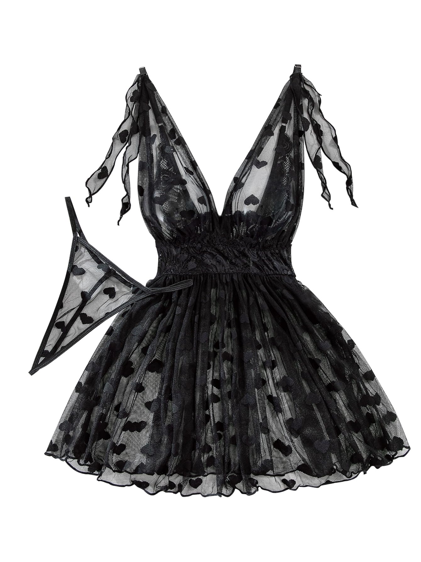 Lilosy Sexy Polka Dots Mesh Sheer Lace Babydoll Chemise Lingerie Set Floral Lace Sleep Wear: Small Love Black