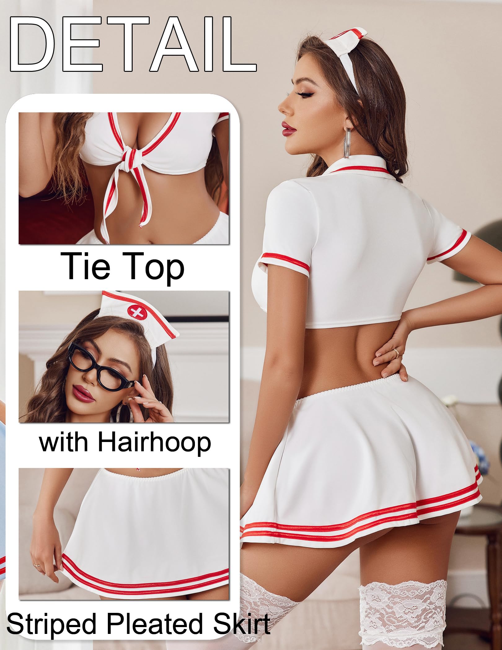 Avidlove Sexy Nurse Lingerie for Women Roleplay Lingerie Set Nurse Cosplay Outfits with Tie Top and Mini Pleated Skirt Set: Avidlove Sexy Nurse Lingerie for Women Roleplay Lingerie Set Nurse Cosplay Outfits with Tie Top and Mini Pleated Skirt Set