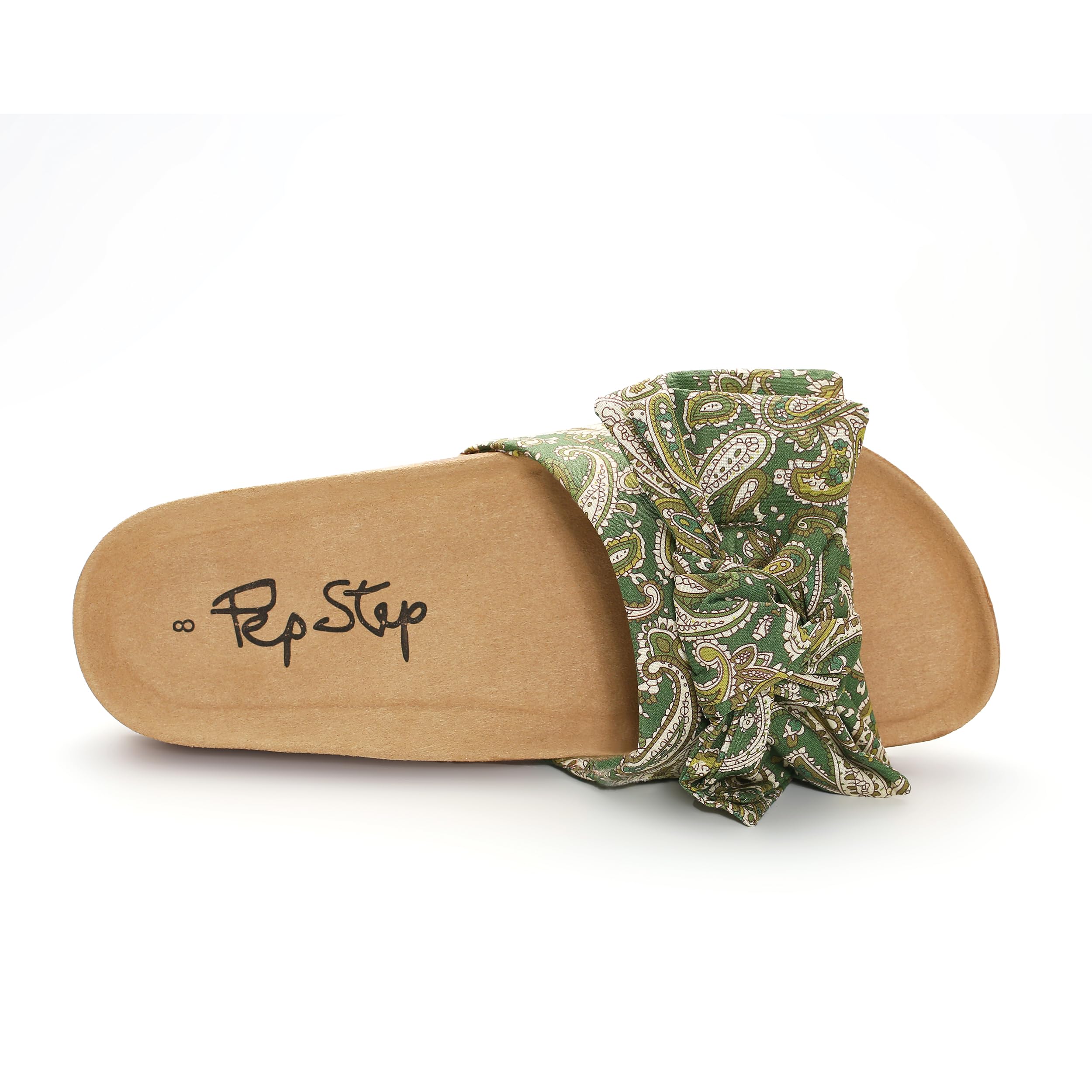 PepStep Slide Sandals for Women or Ladies Dressy Summer Casual, Cute Bow Tie Knot On Top Strap, Comfy Slip On Cork Foot Bed: 8 Green Boho
