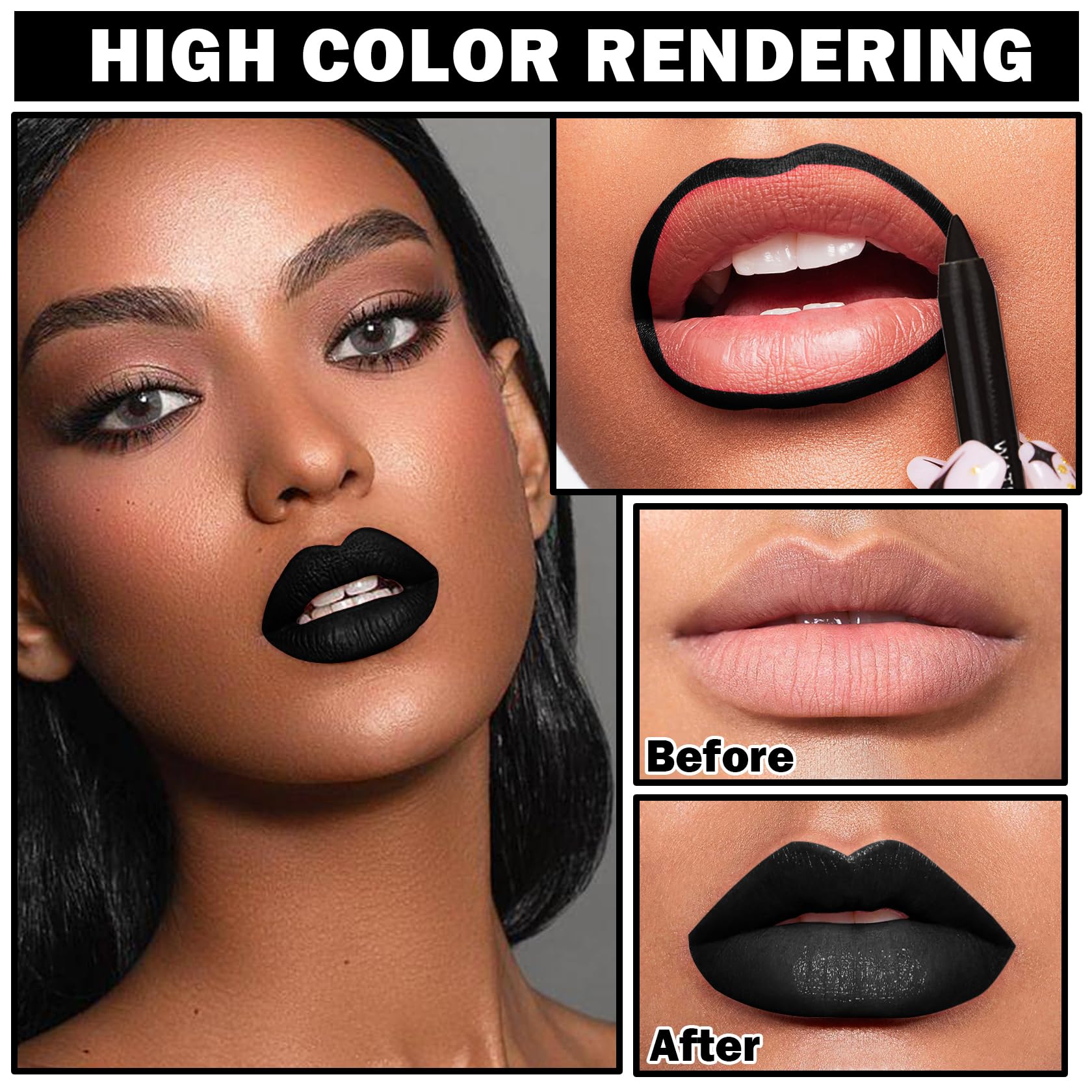 QIUFSSE 3 in 1 Black Lip Liner Pencil and Lipstick lipgloss Set Matte Black Lipstick Lip Gloss Kit Long-lasting Nonstick Cup Smudge Proof Lip Kits with Lip Liner,Velvet Goth Makeup (): Black