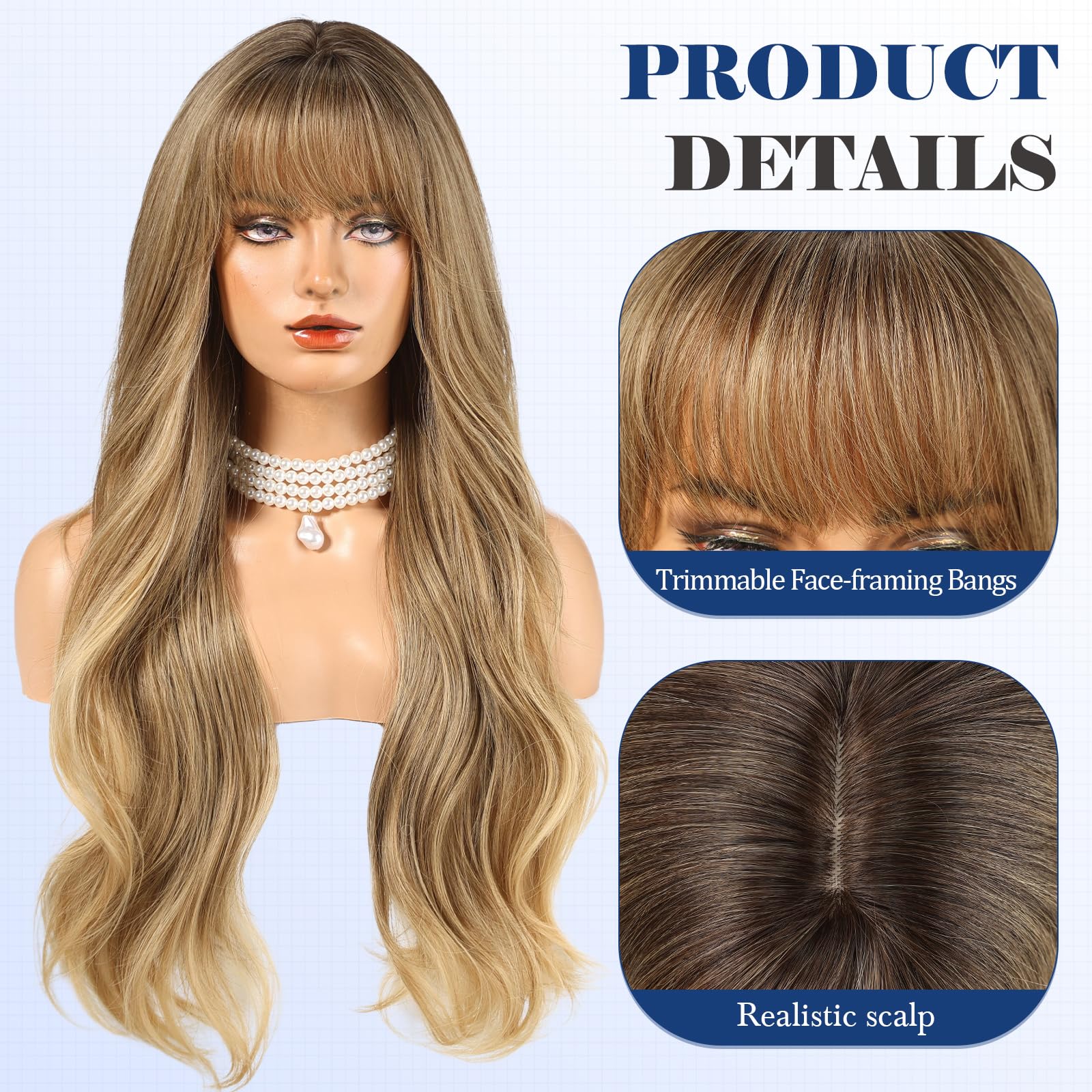 HAIRCUBE Long  Wig with Bangs Layered Curly Orange Wigs for Women Natural Synthetic Wigs for Daily Use (pelucas de cabello natural): Ash Blonde