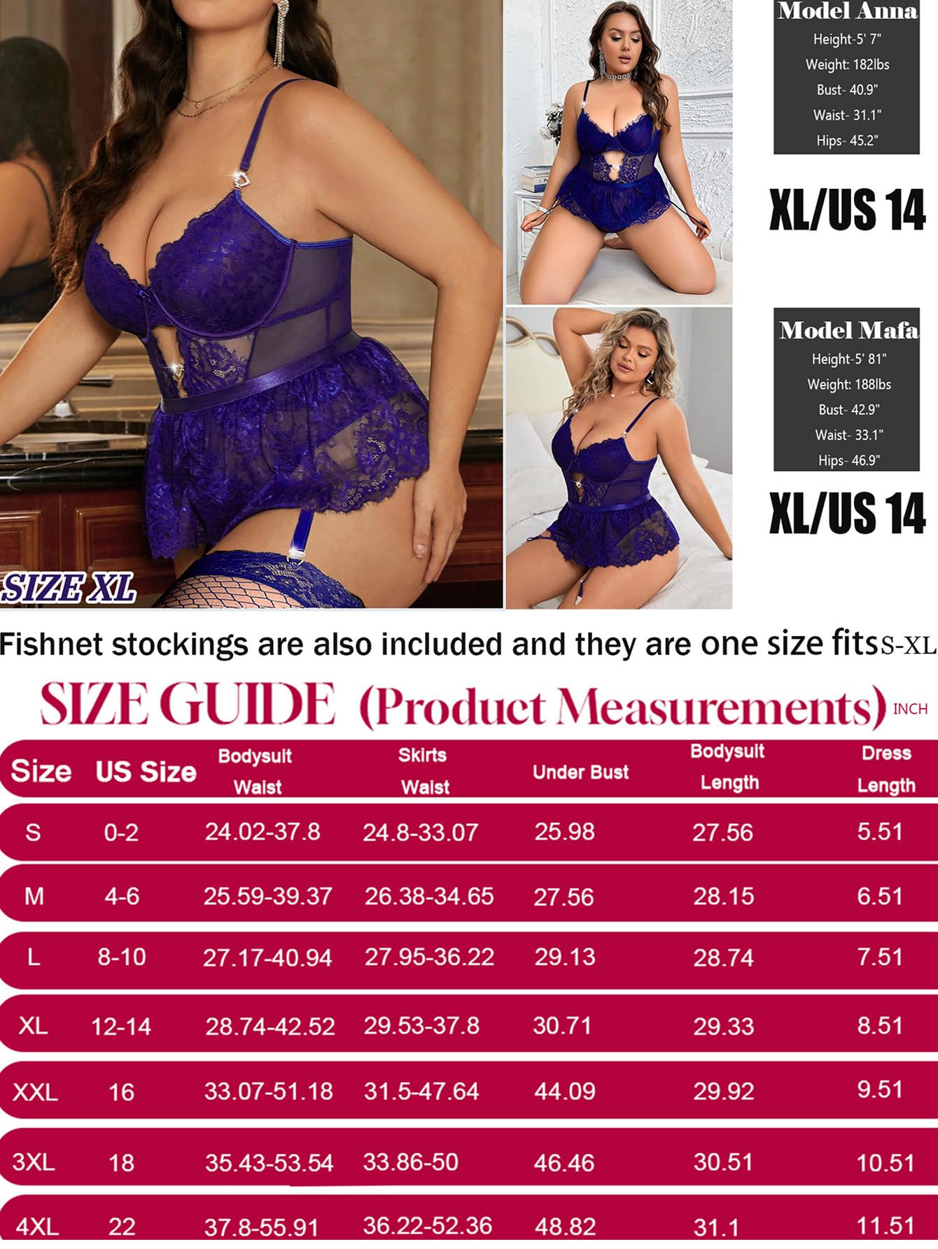 Alrovetoney Women Lingerie Set Naughty Lace Bodysuit High Waisted Underwire Lingerie Babydoll With Garter Belt and Stockings: Medium Purple