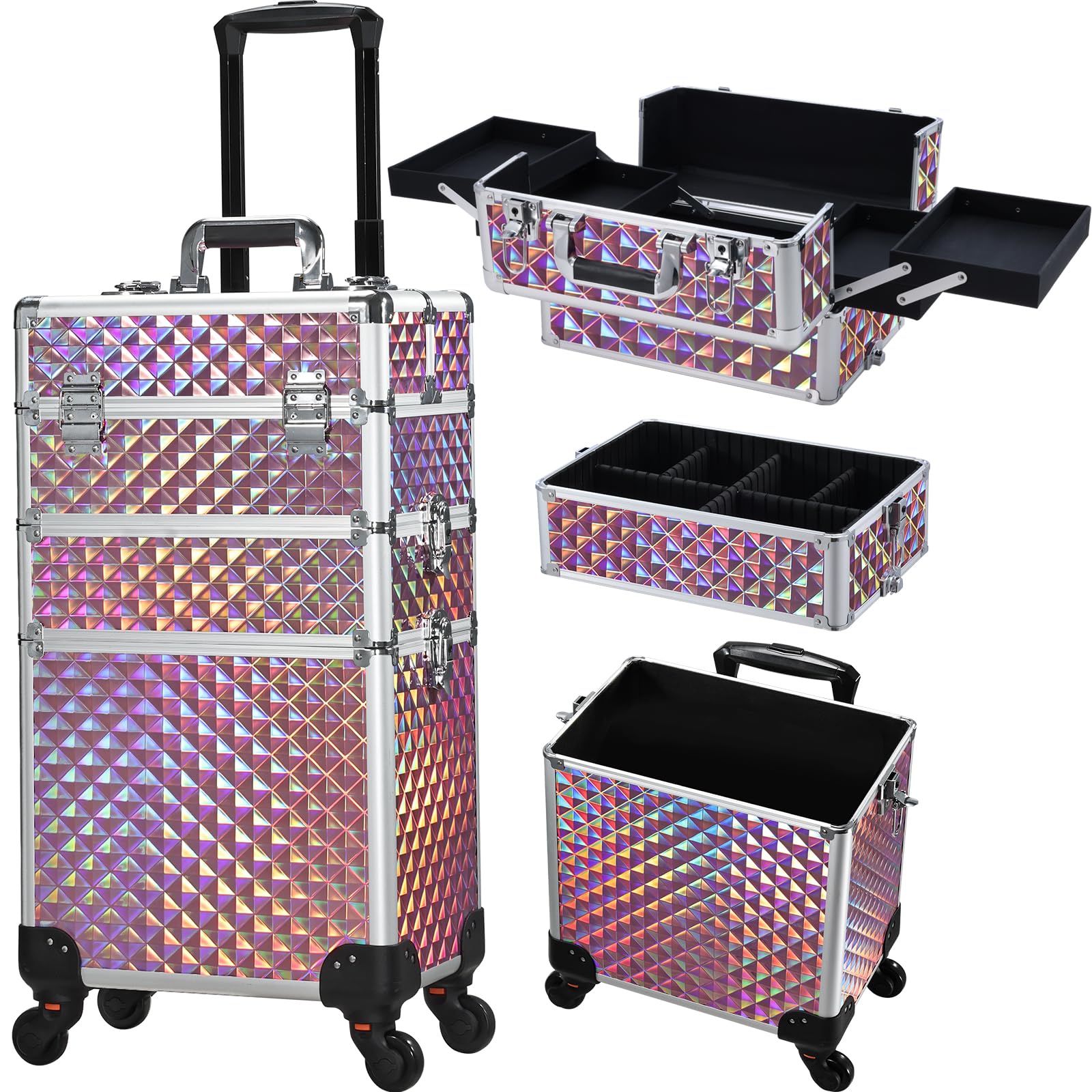 FRENESSA 3 in 1 Rolling Makeup Train Case Portable Cosmetic Trolley Large Storage for Professional with 360° Swivel Wheels Salon Barber Case Traveling Cart Trunk - Glitter Pink