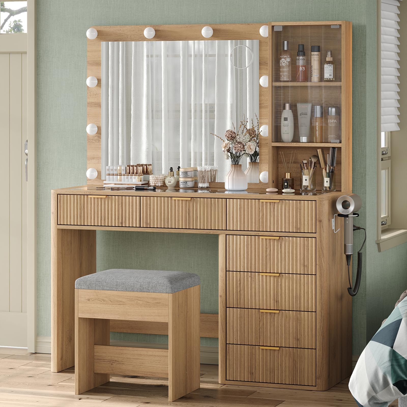 Yanosaku 7 Drawers Fluted Vanity Desk with Charging Station, 47'' W Makeup Vanity with LED Lights and HD Mirror, 3 Lighting Modes Adjustable, Glass Top, Vanity Set for Bedroom, Natural: 7 Drawers Natural