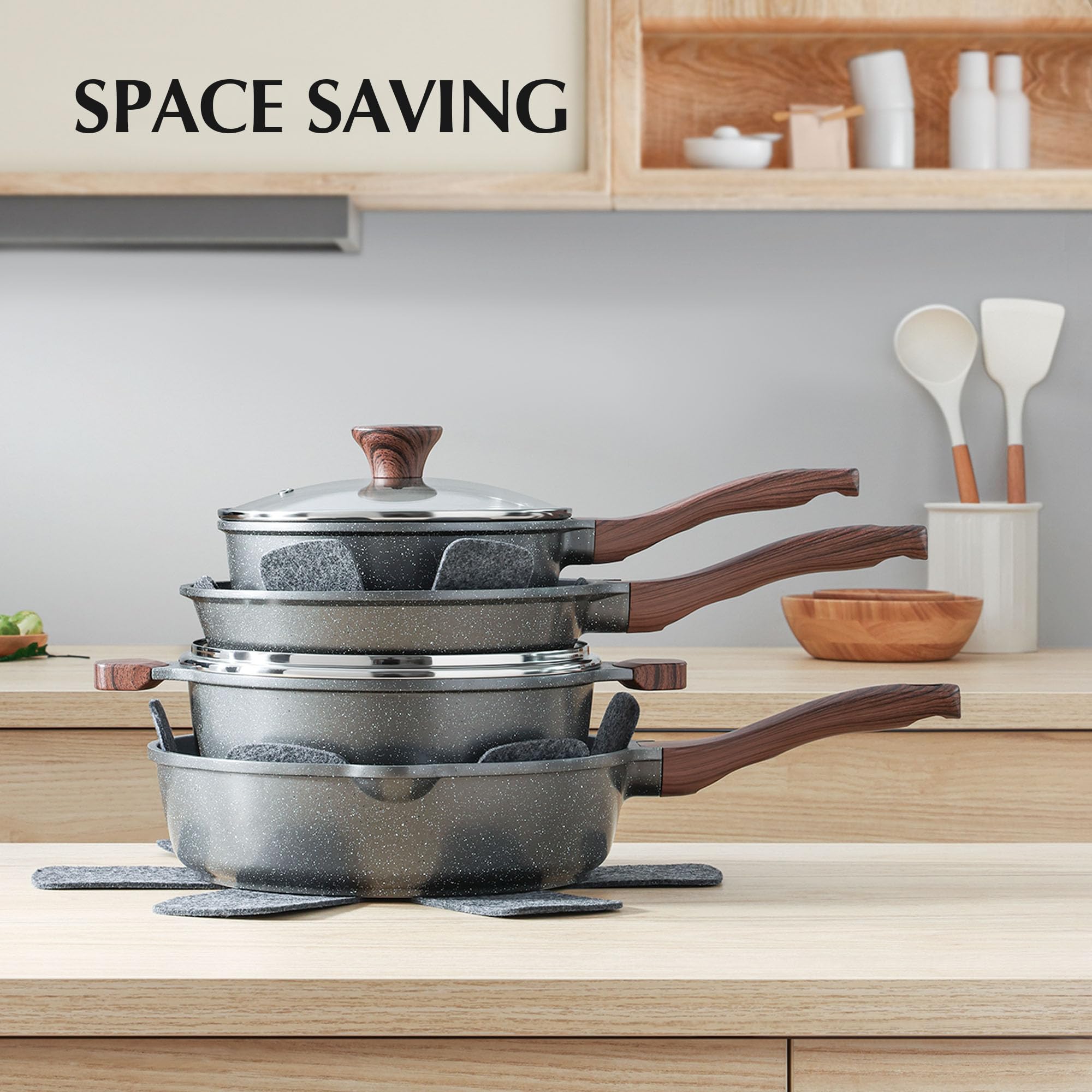SENSARTE Nonstick Cookware Set 13-Piece, Non Stick Pots and Pans Set with Swiss Granite Coating, Healthy Kitchen Cooking Set, Stay-Cool Handles, PFOA Free: Gray