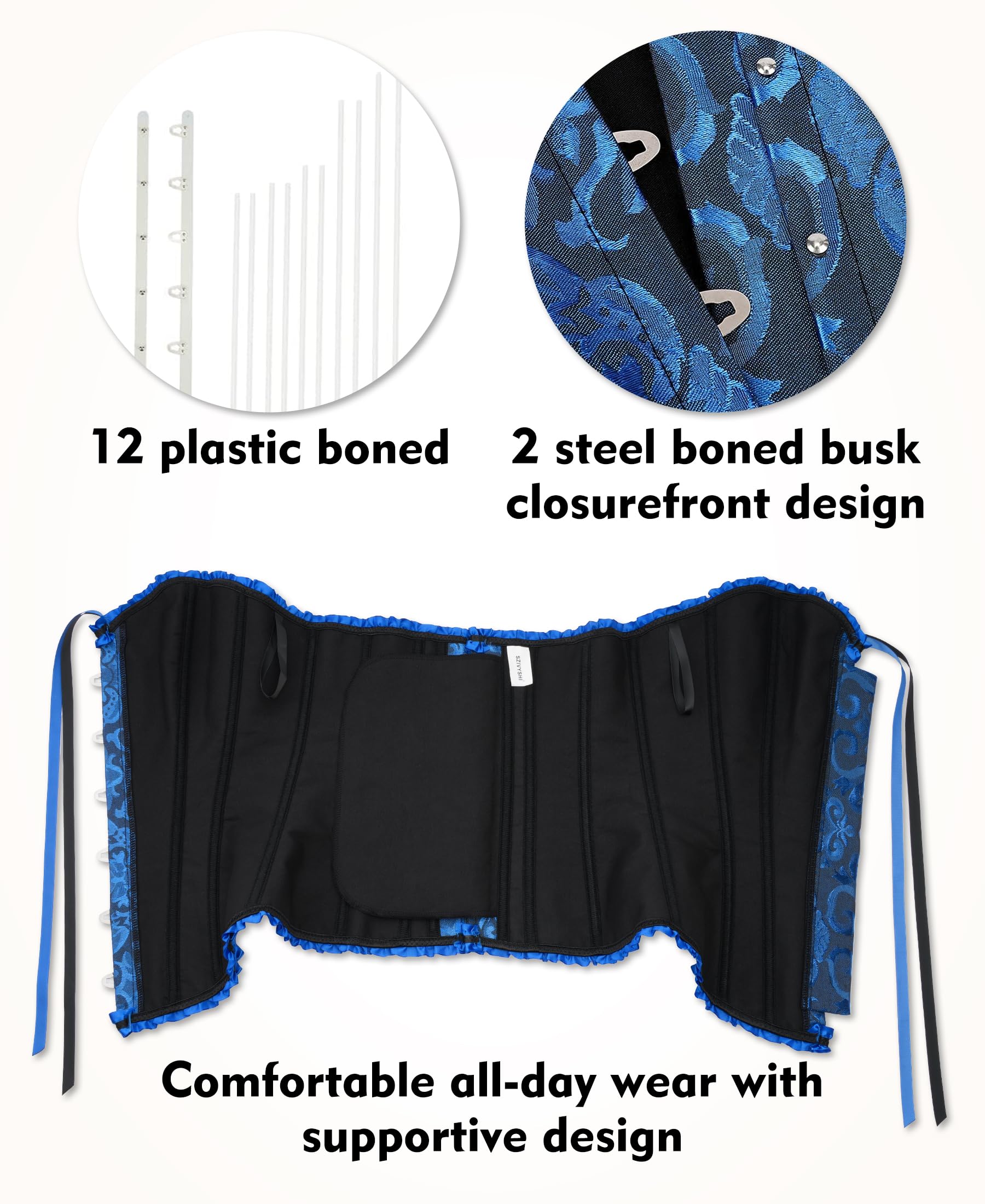 SZIVYSHI Corset Tops for Women, Bustier Shapewear Lingerie, Lace Waist Push Up Bodysuit: X-Small Black and Blue