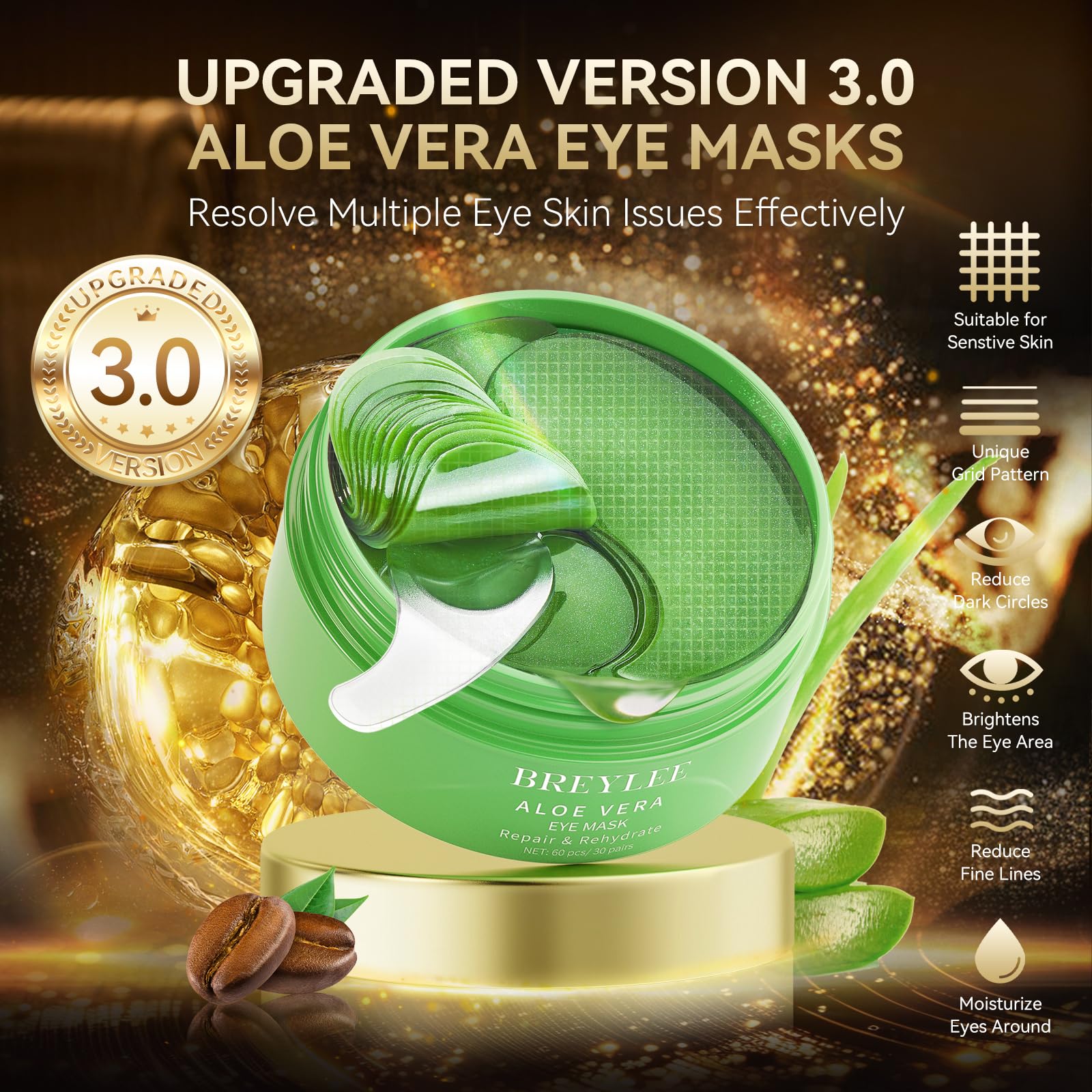 BREYLEE Aloe Vera Eye Masks– 60 Pcs - Puffy Eyes and Dark Circles Treatments – Look Younger and Reduce Wrinkles and Fine Lines Undereye, Improve and Firm eye Skin - Pure Natural Material Extraction thumbnail 9