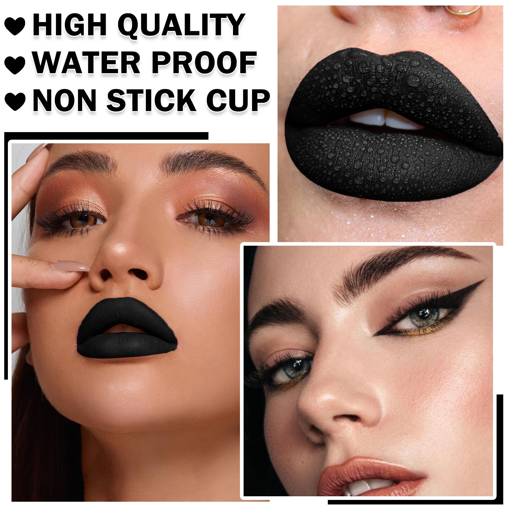 QIUFSSE 3 in 1 Black Lip Liner Pencil and Lipstick lipgloss Set Matte Black Lipstick Lip Gloss Kit Long-lasting Nonstick Cup Smudge Proof Lip Kits with Lip Liner,Velvet Goth Makeup (): Black