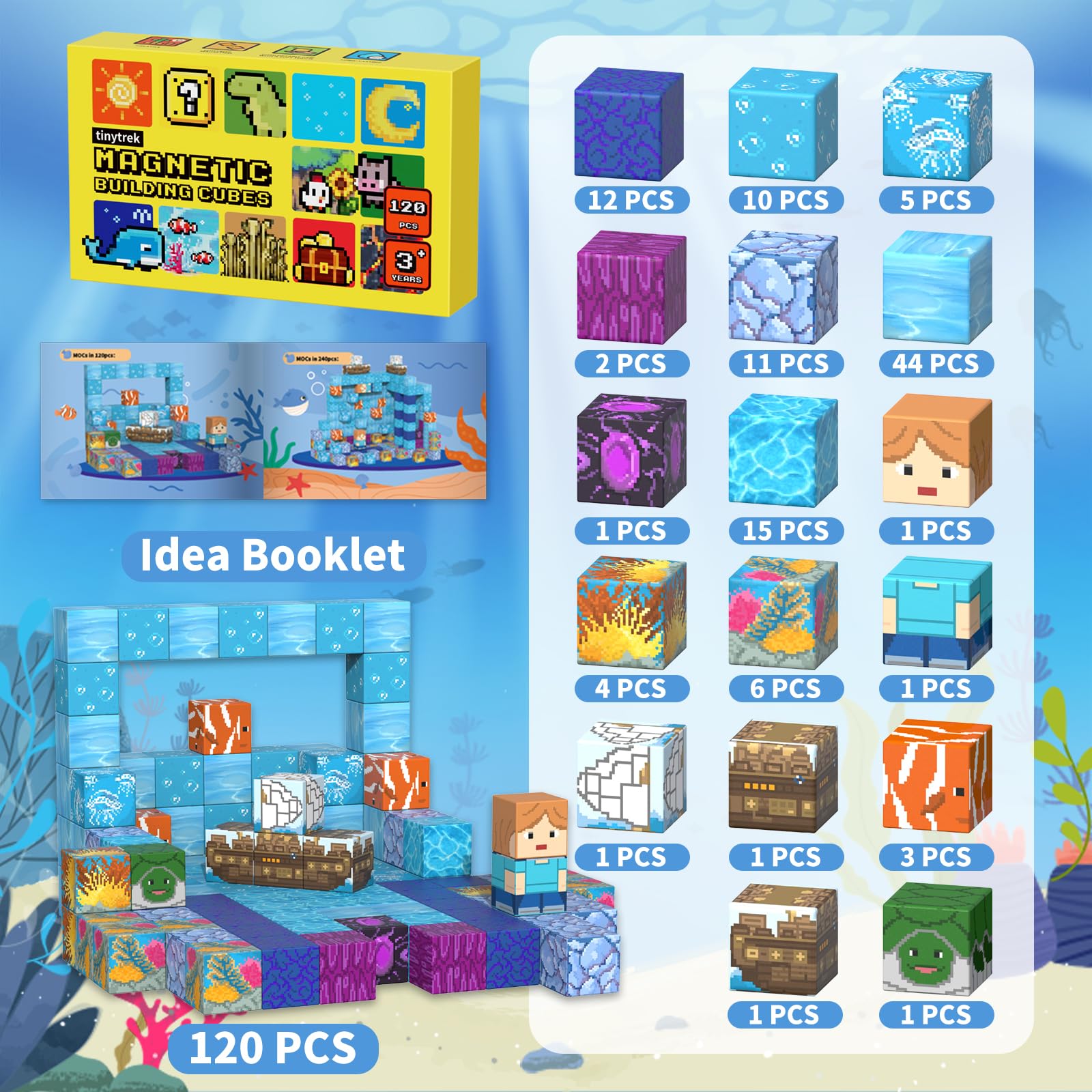 tinytrek Magnetic Blocks-120PCS Ocean Quest Set，Magnetic Building Blocks Kids Toys for Ages 3 4 5 6 7 8 Birthday Gifts，STEM Montessori Sensory Toys for 3+ Years Old Boys & Girls