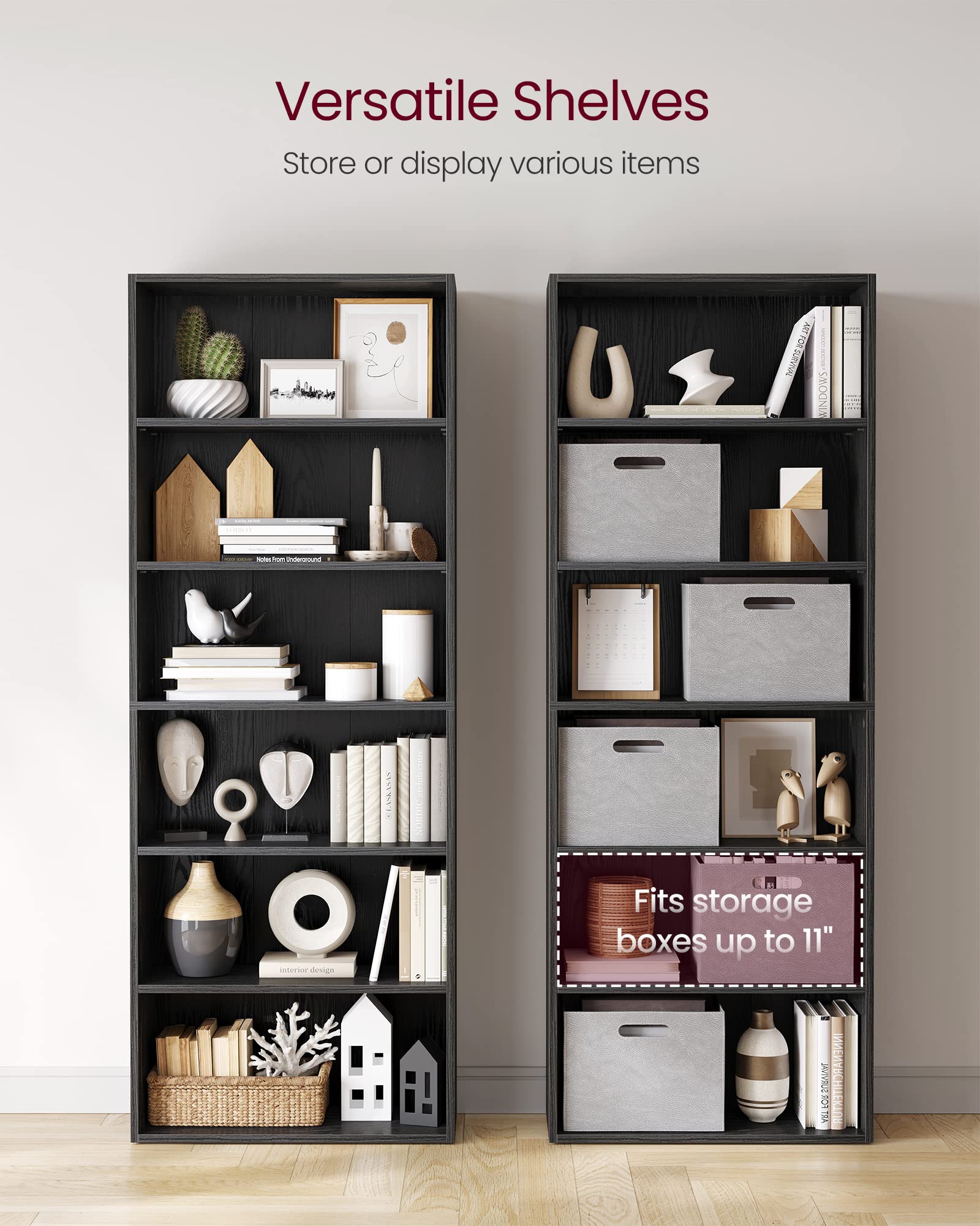VASAGLE Bookshelf, 23.6 Inches Wide, 6-Tier Open Bookcase with Adjustable Storage Shelves, Floor Standing Unit, Ebony Black ULBC166T56
