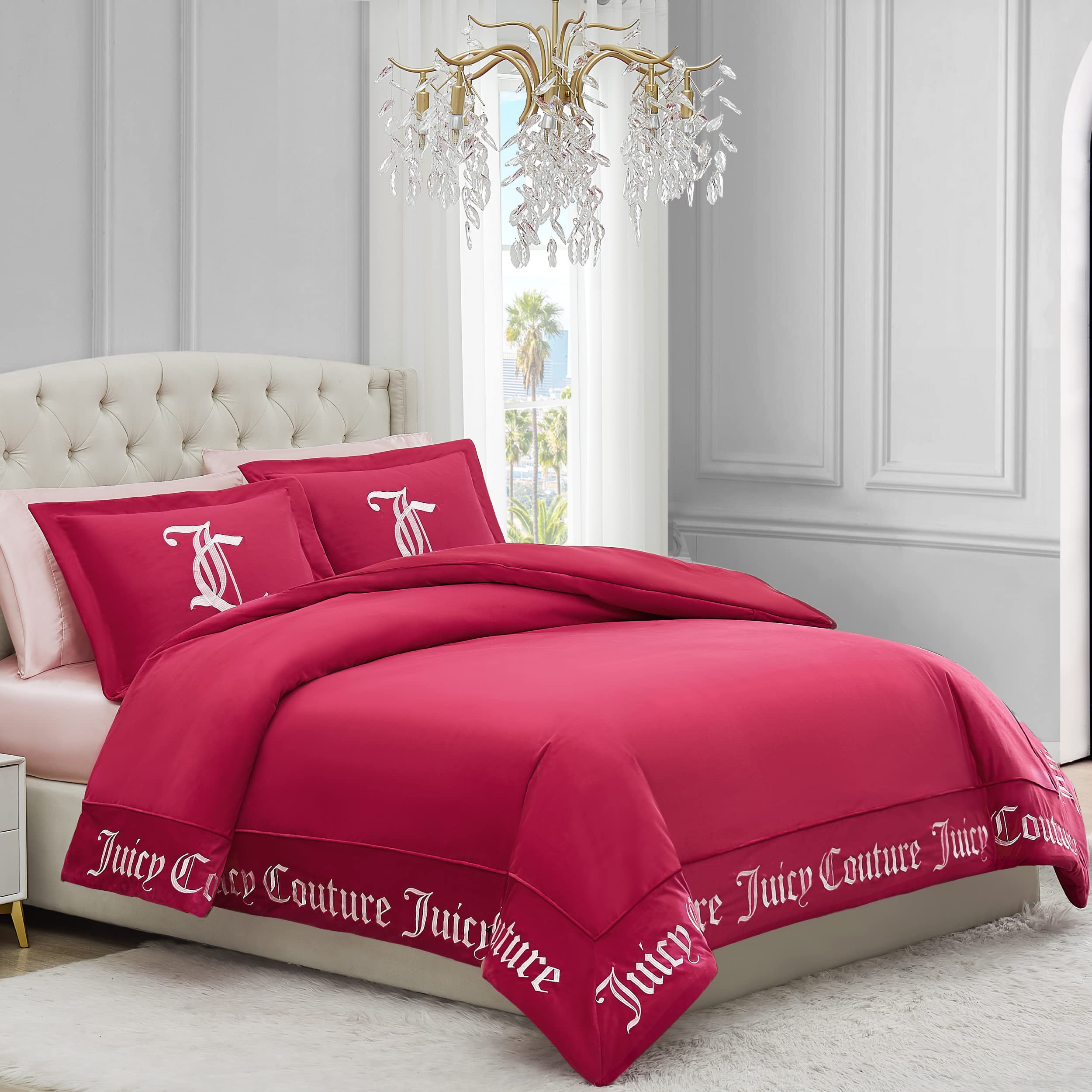 Juicy Couture - Comforter Set - Gothic Design Bedding - King - 3 Piece Set Includes (1) 108" x 92" Comforter and (2) 20" x 36" Shams - Wrinkle Resistant - Premium Bedroom Decor - Black: Hot Pink Full/Queen 3PC