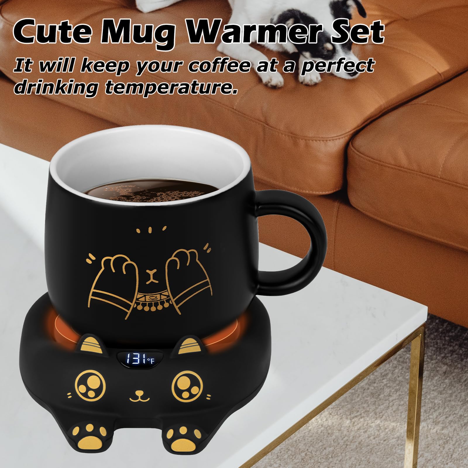 PUSEE Coffee Mug Warmer & Cute Cat Mug Set, Coffee Cup Warmer for Desk with Auto Shut Off, Beverage Warmer with 3 Temp Settings, Candle Warmer Coffee Warmer with Mug Set for Christmas & Birthday Gifts: Ador Black Set