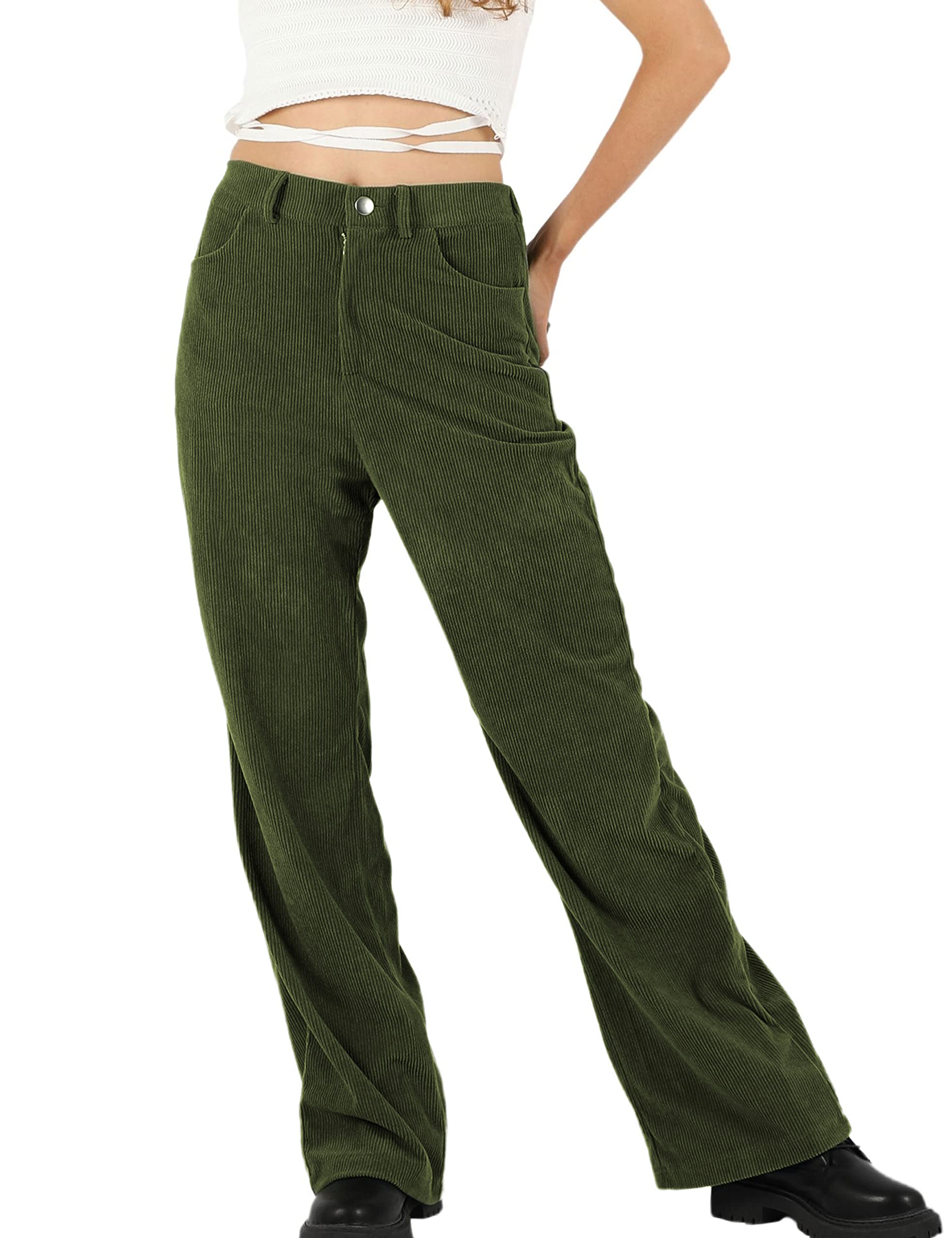 Himosyber Corduroy Pants for Women Casual Elastic High Waist Stretchy Wide Leg Pants Loose Fit Comfy Trousers with Pockets thumbnail 1