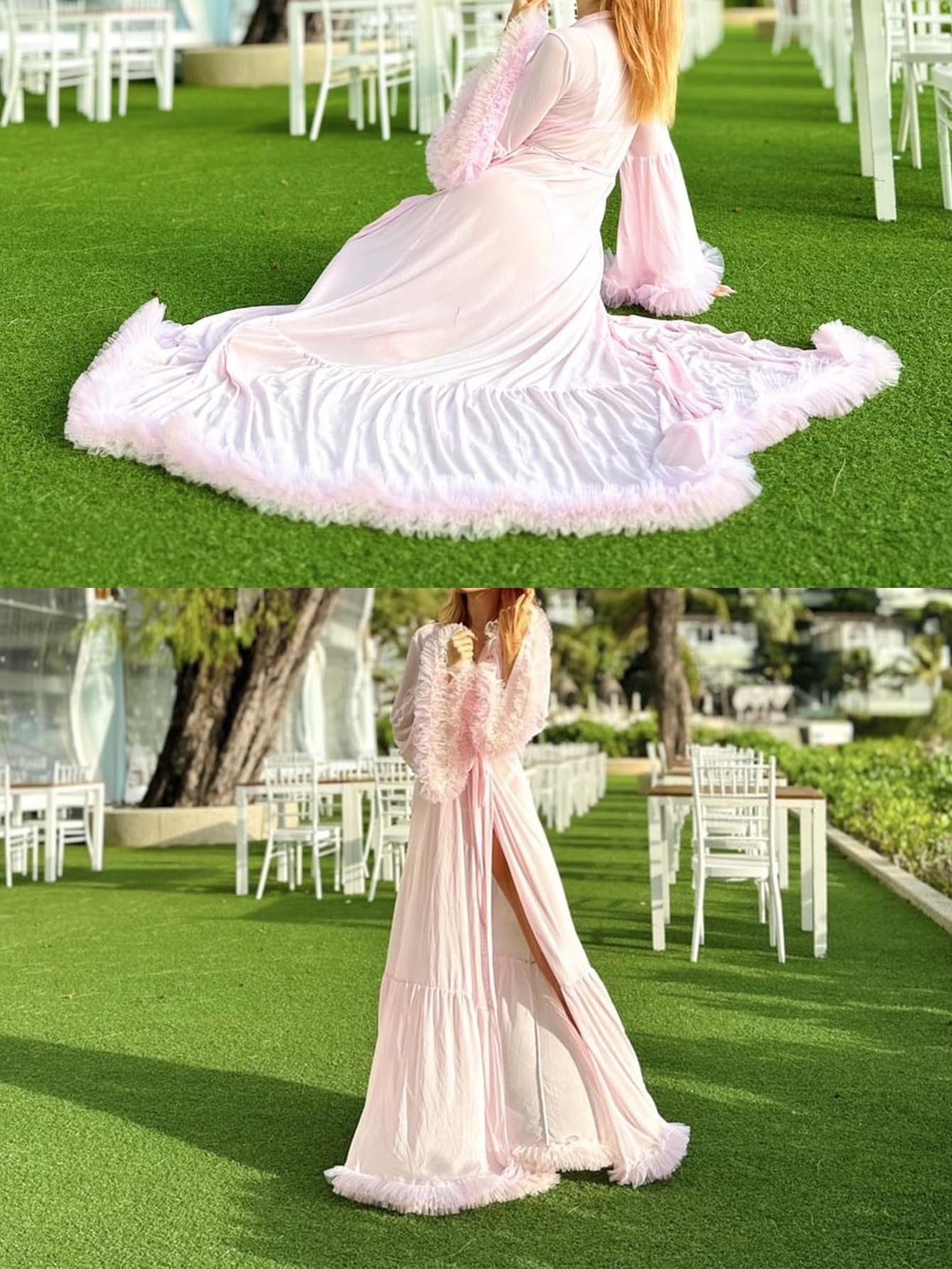 OYOANGLE Women's Ruffle Trim Long Sleeve Belted Sheer Mesh Wedding Bride Robe Nightgown: Small Light Pink