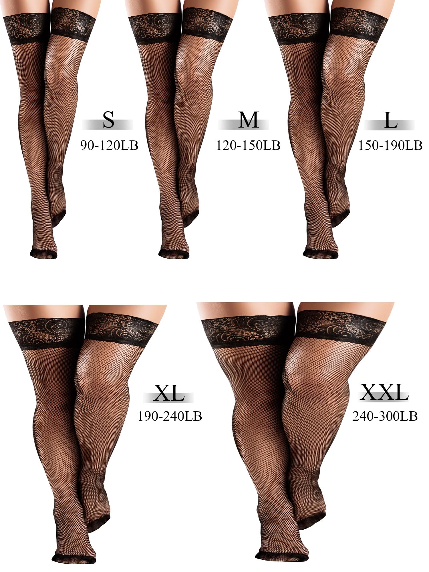 Bencailor 4 Pairs Fishnet Thigh High Stocking for Women Silicone Lace Top Sheer Over Knee Silky Stockings: Black Medium
