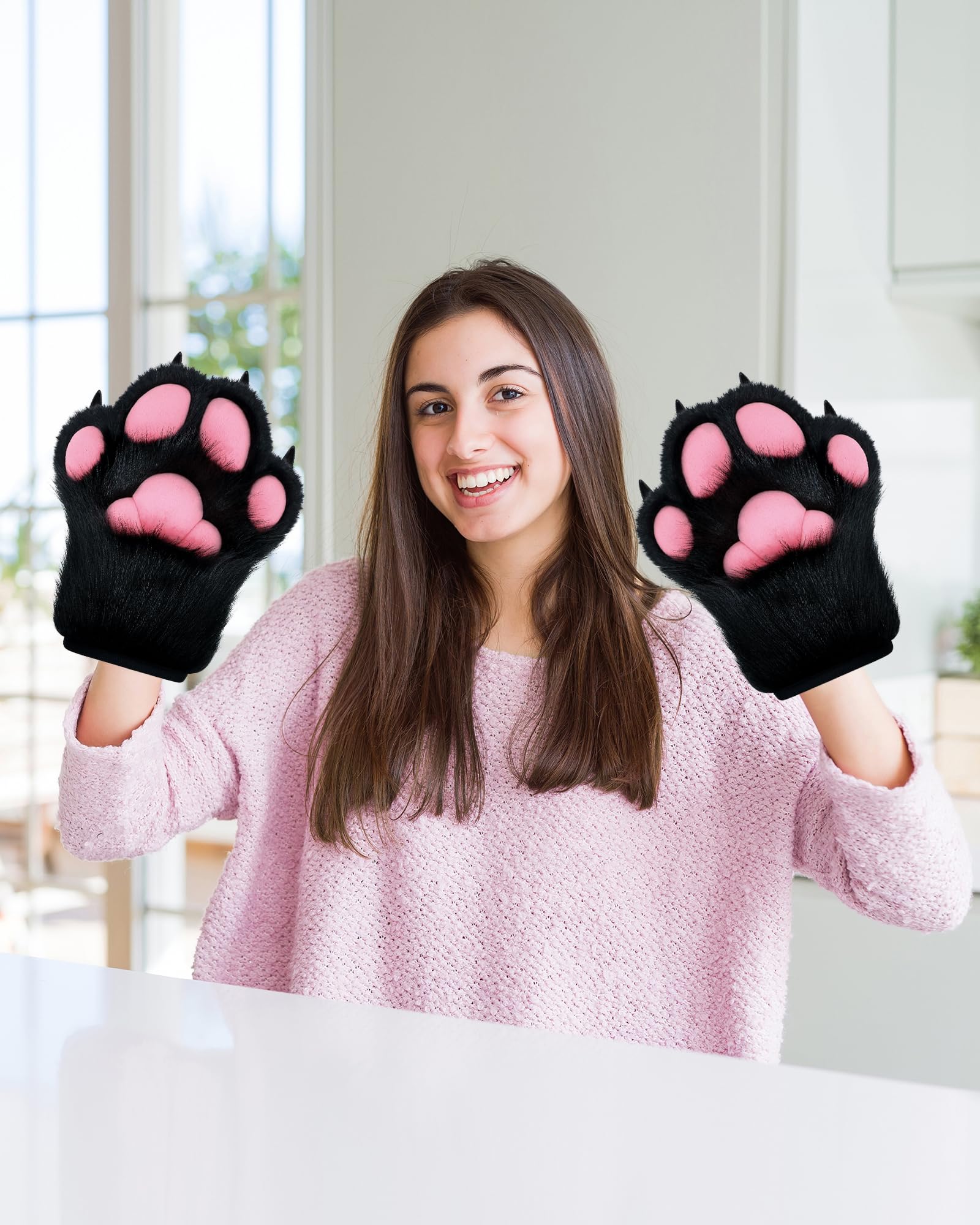 BNLIDES Cosplay Fursuit Paw Gloves Furry Claw Gloves Built-in Whistle Decompression Toys Costume Party Accessories for Adult: Black Pink