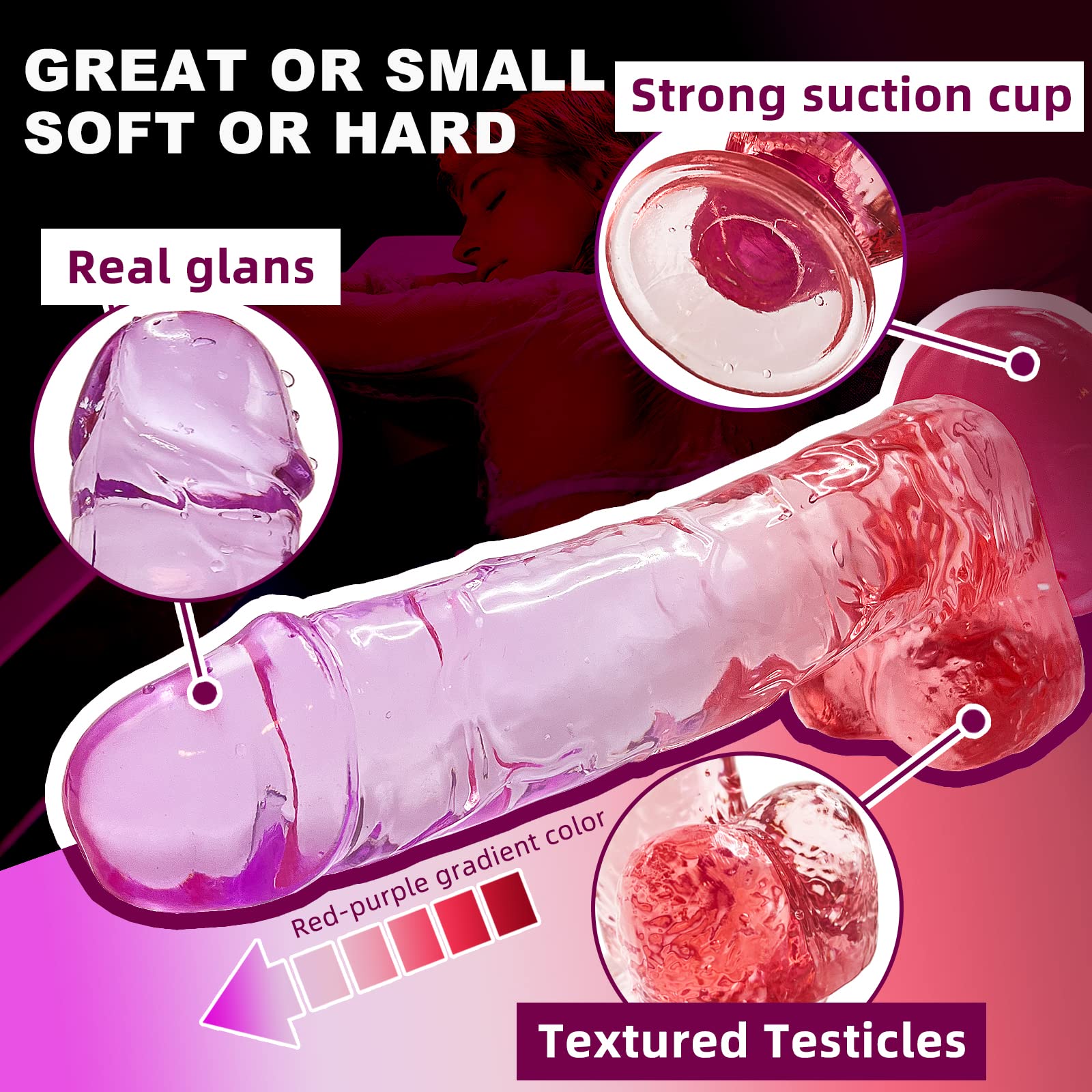 Realistic Dildo Clear Silicone 7.8" Purple-Red Gradient Dildo with Strong Suction Cup for Women Hand Free Play Flexible Soft Penis Dong, Adult Sex G-spot Dildos Toys for Vaginal and Anal Stimulation thumbnail 2