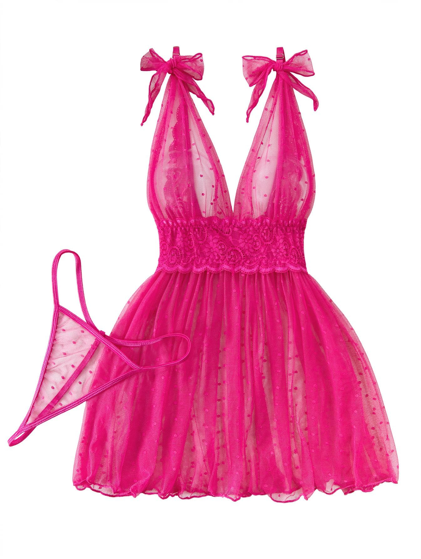 Lilosy Sexy Polka Dots Mesh Sheer Lace Babydoll Chemise Lingerie Set Floral Lace Sleep Wear: Large Neon Hot Pink