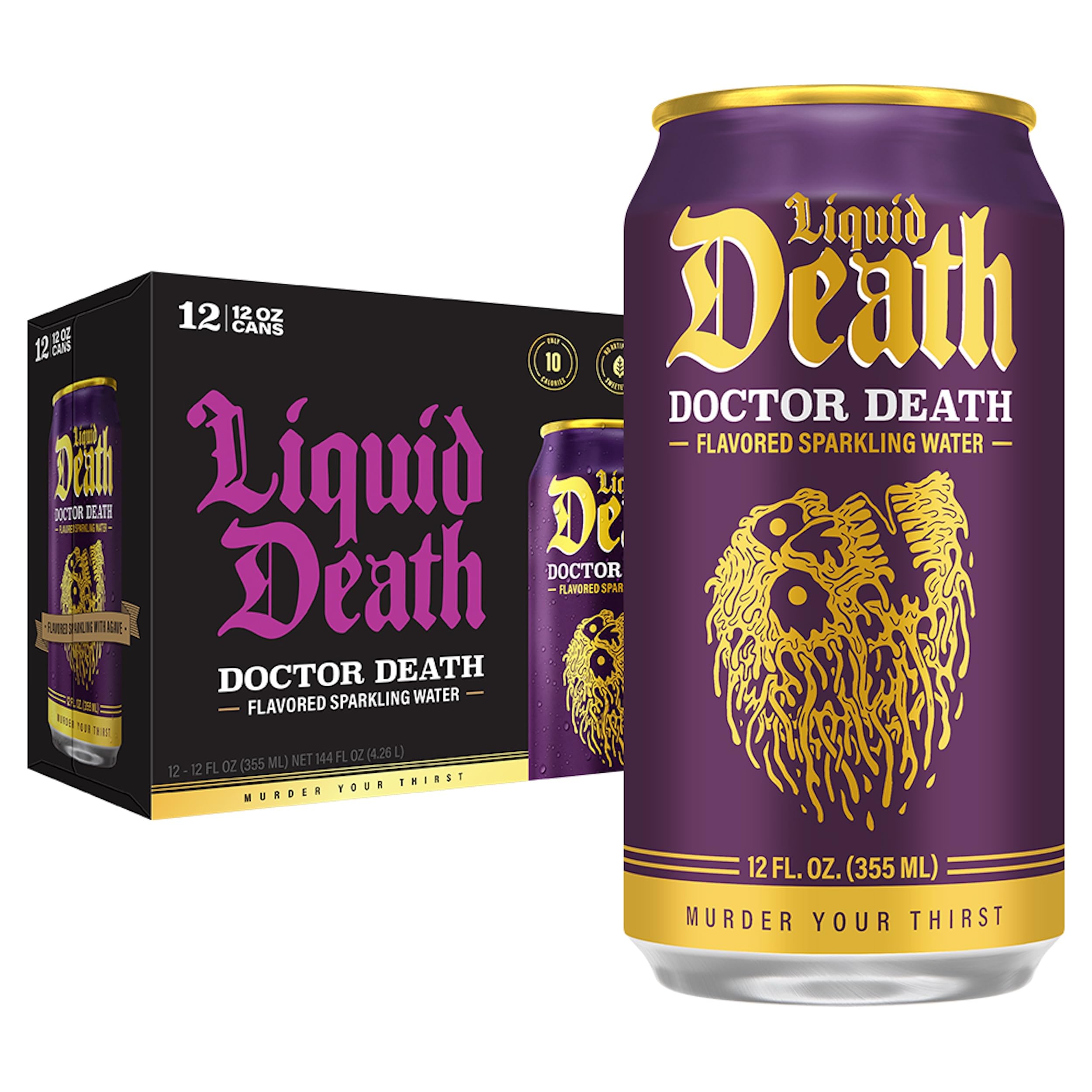 Liquid Death, Doctor Death, Soda-Flavored Sparkling Water, 12-Pack (12oz Cans), Low Calorie & No Artificial Sweeteners: Doctor Death 12 Fl Oz (Pack of 12)