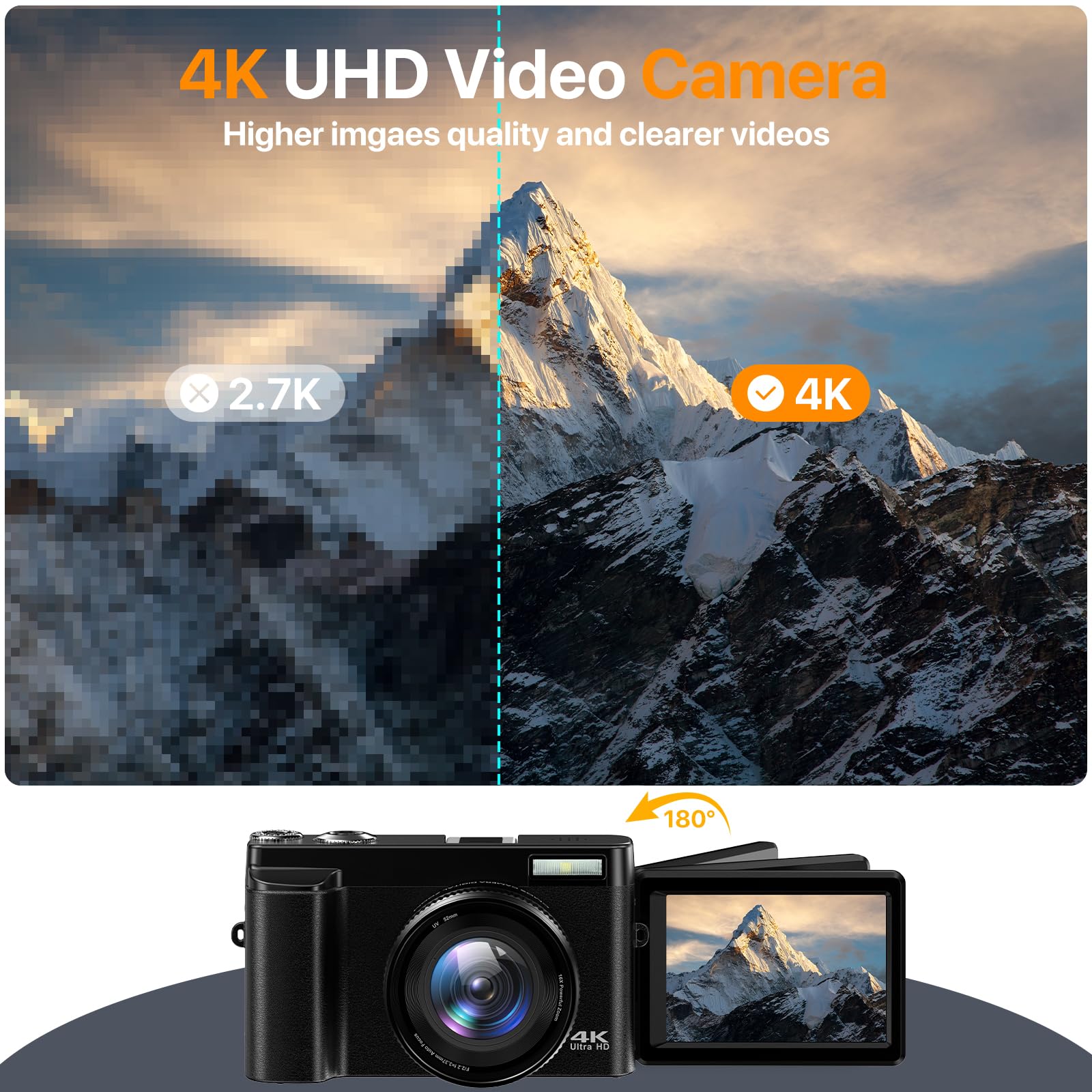 4K Digital Camera for Photography Auto-Focus Vlogging Camera for YouTube Video with 3'' 180° Flip Screen 16X Anti-Shake 4K Camera Compact Cameras with SD Card, Flash, 2 Batteries & Battery Charger thumbnail 2