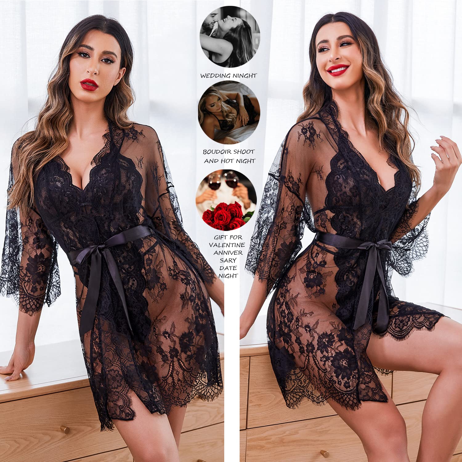 Avidlove Women Sexy Lingerie Set 2 Piece Lace Kimono Robe with Lace Teddy Lingerie Bodysuit: Black Medium