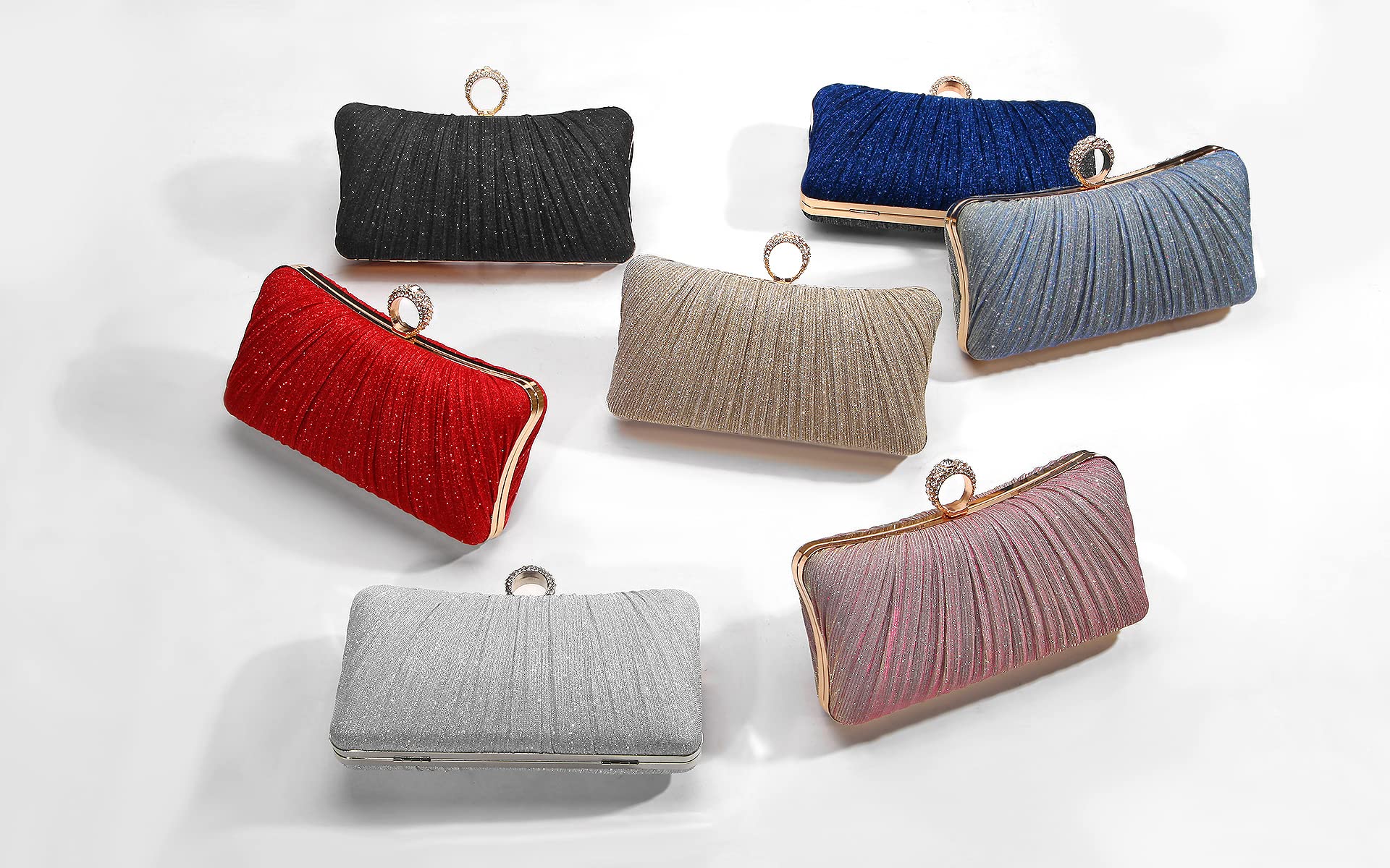 Womens en Glitter Clutch Purse Pleated Evening Bag for Bridal Wedding Party with Rhinestone Ring