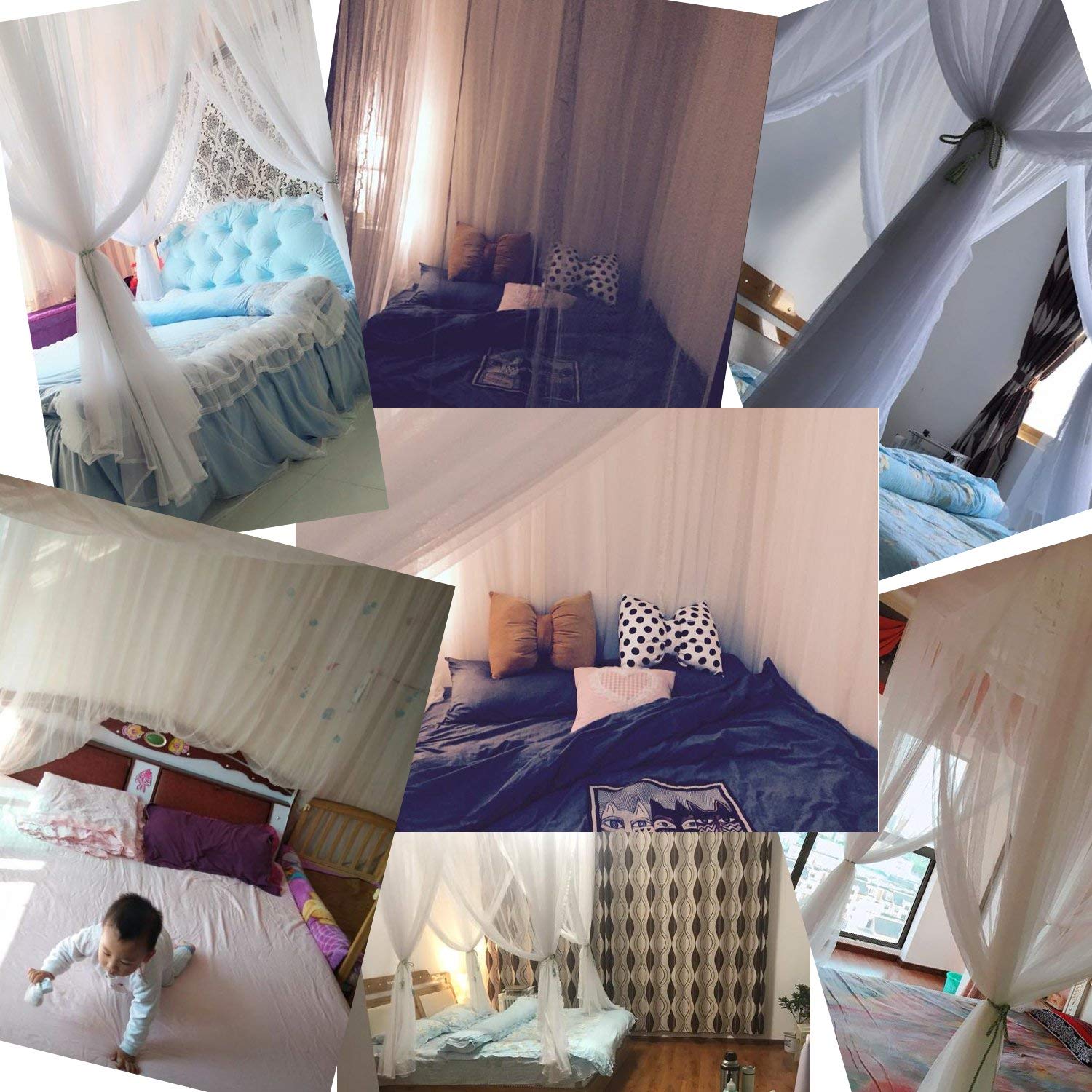 Bed Canopy with LED Star Lights, Canopy Bed Curtain with RGB Color Changing String Lights with Smart App Control Remote for Princess Girls Bedroom, Suggested for Twin Full Queen King Bed: White
