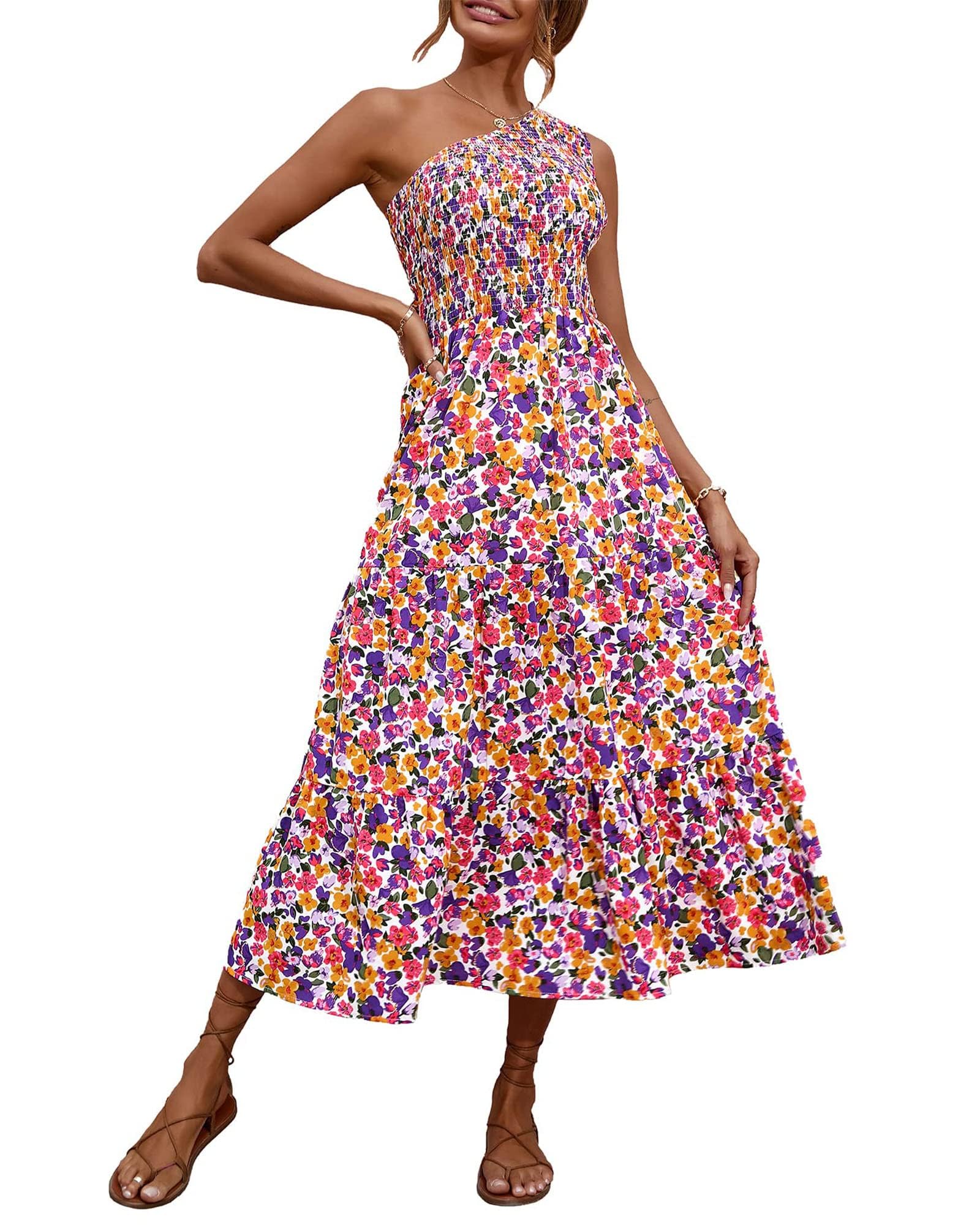 BTFBM 2025 Summer One Shoulder Dresses for Women Casual Sleeveless High Waist Floral Flowy Smocked Boho Beach Maxi Dress