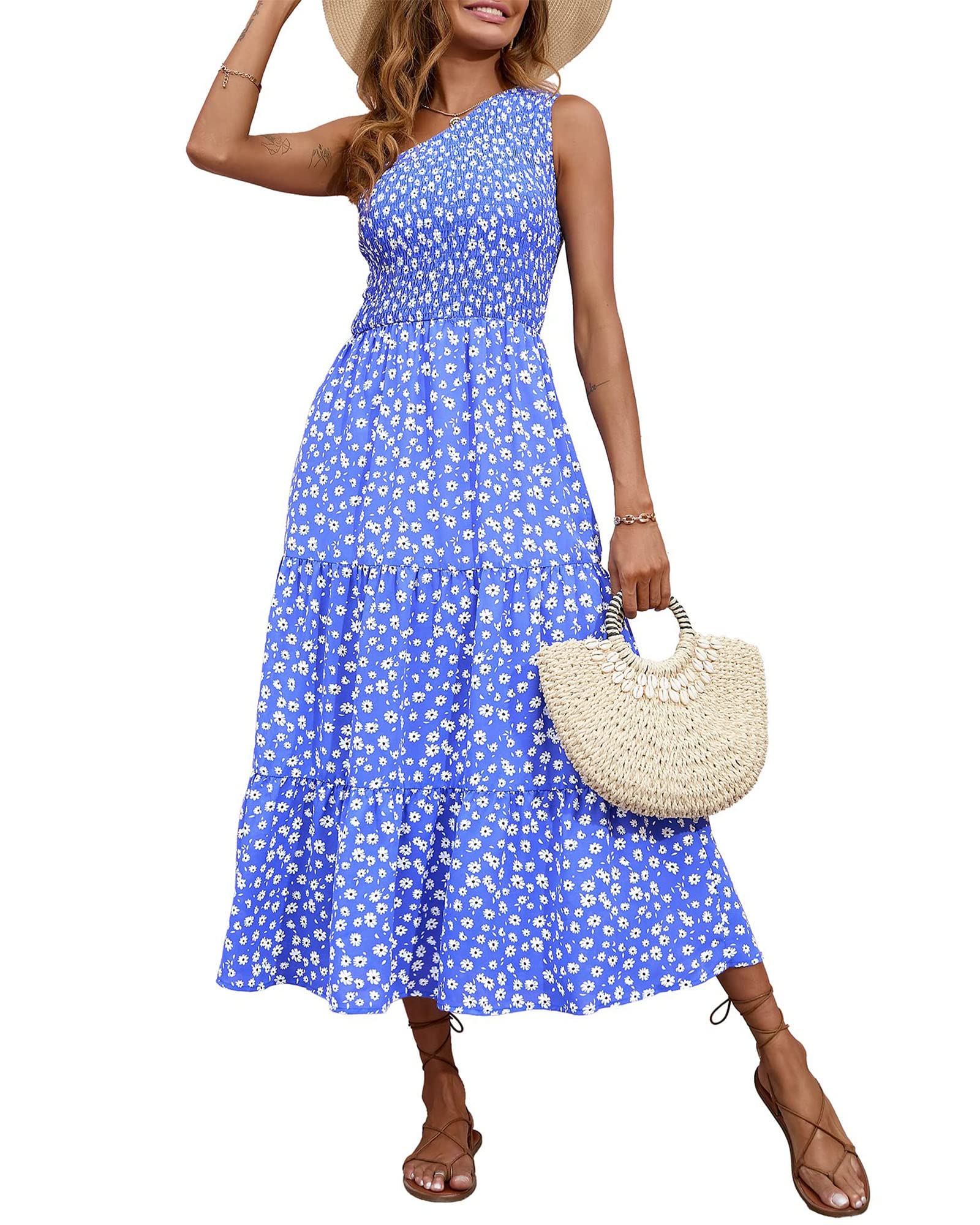 BTFBM 2025 Summer One Shoulder Dresses for Women Casual Sleeveless High Waist Floral Flowy Smocked Boho Beach Maxi Dress