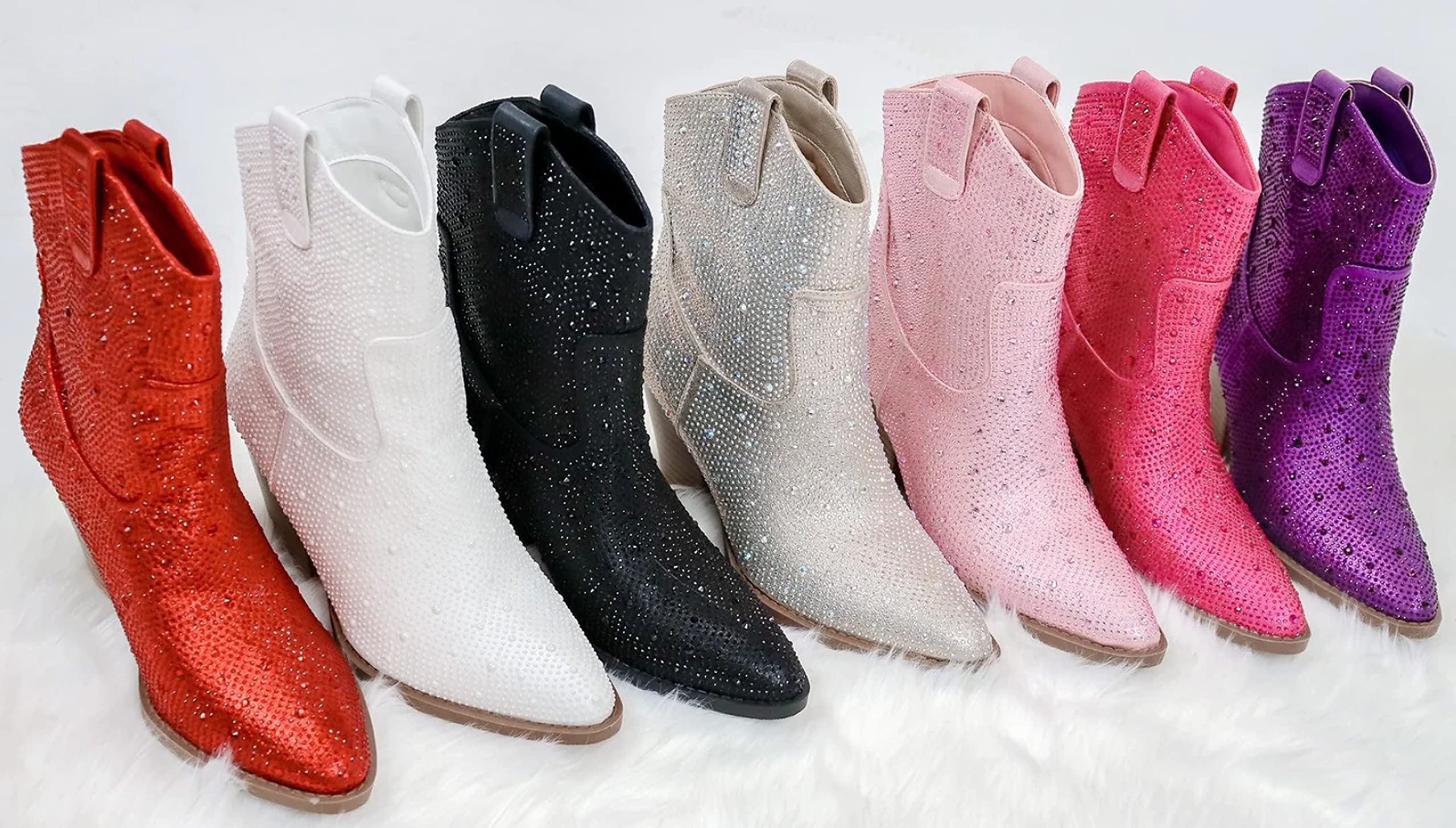 Women's Rhinestone Block Heel Mid Calf Short Ankle Booties Knee High Boots: 6 Fuchsia Rhinestone