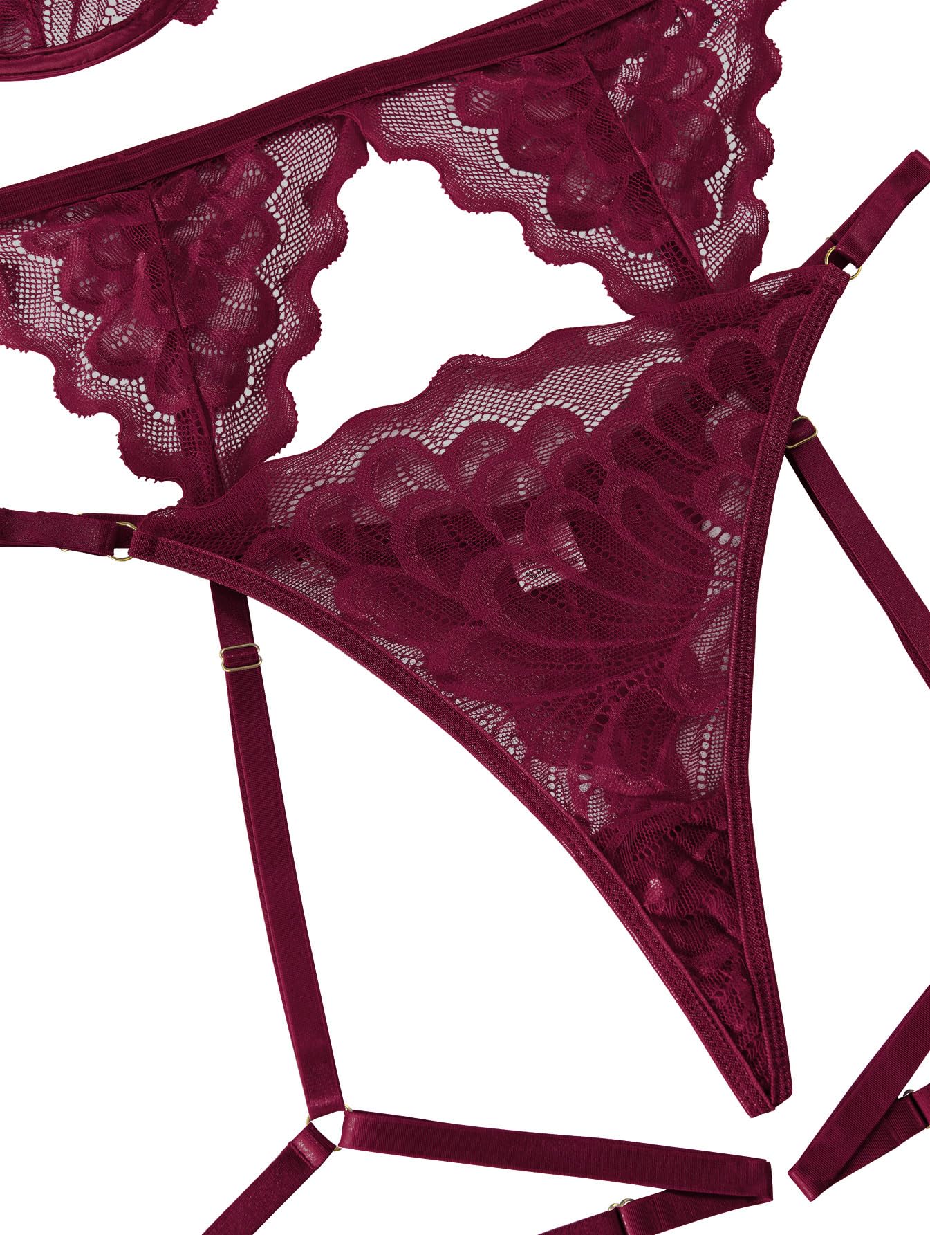Lilosy Sexy Choker Floral Lace Underwire Push Up Garter Belt Lingerie Set for Women Sheer Bra and Panty 3 Piece: Medium Burgundy Red