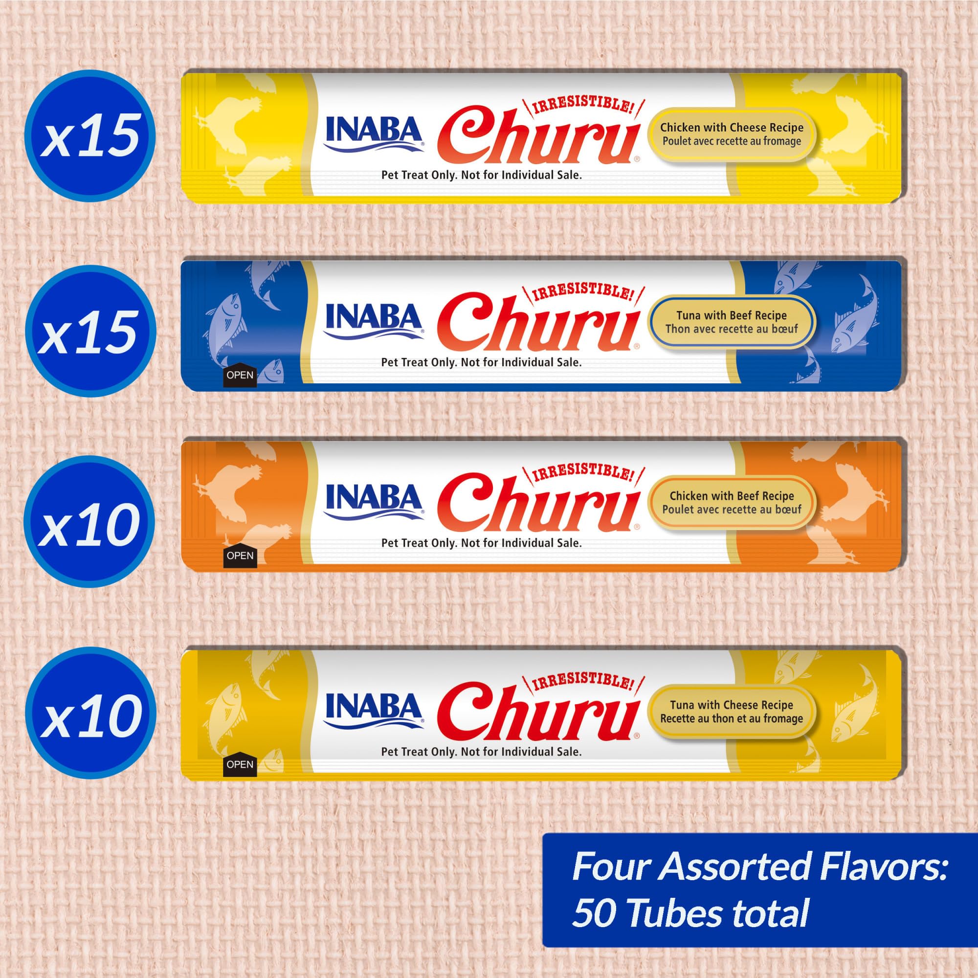 INABA Churu Cat Treats, Grain-Free, Lickable, Squeezable Creamy Purée Cat Treat/Topper with Vitamin E & Taurine, 0.5 Ounces Each Tube, 50 Tubes, Tuna & Chicken Variety: Beef &amp; Cheese Variety 0.5 Ounce (Pack of 50)