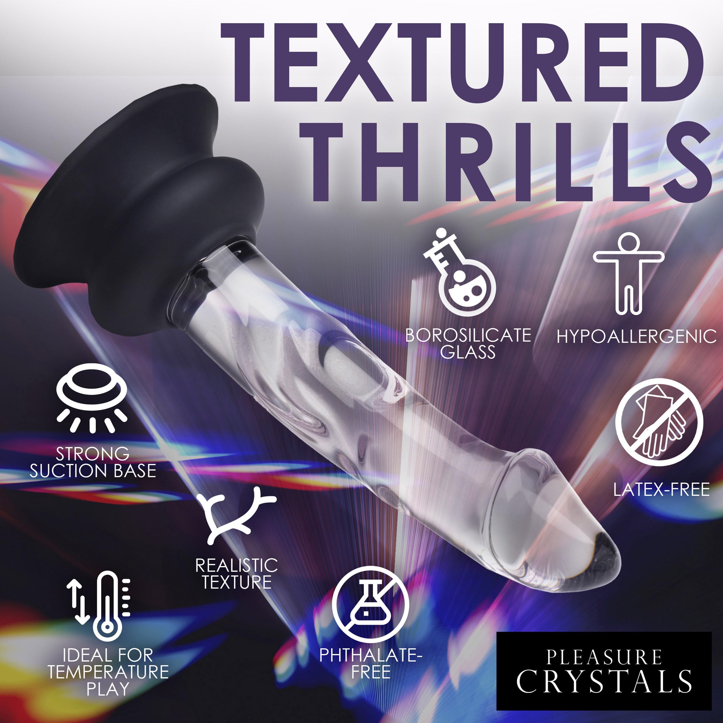Pleasure Crystals 7.6" Glass Dildo with Silicone Base for Men, Women & Couples. Realistic Texture, Includes Removable Silicone Suction Cup, Ideal for Temperature Play. 2 Pieces, Clear. thumbnail 5