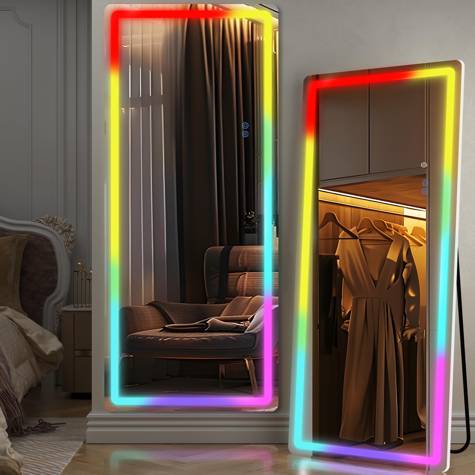 Antok LED Full Length Mirror, 71" x 28" Lighted Floor Standing LED Mirror Full Length,Hanging Mirrors with Stand Free Standing Floor Mirrors for Bedroom (Rect): 71"L x 28"W Rect Style Multi Color