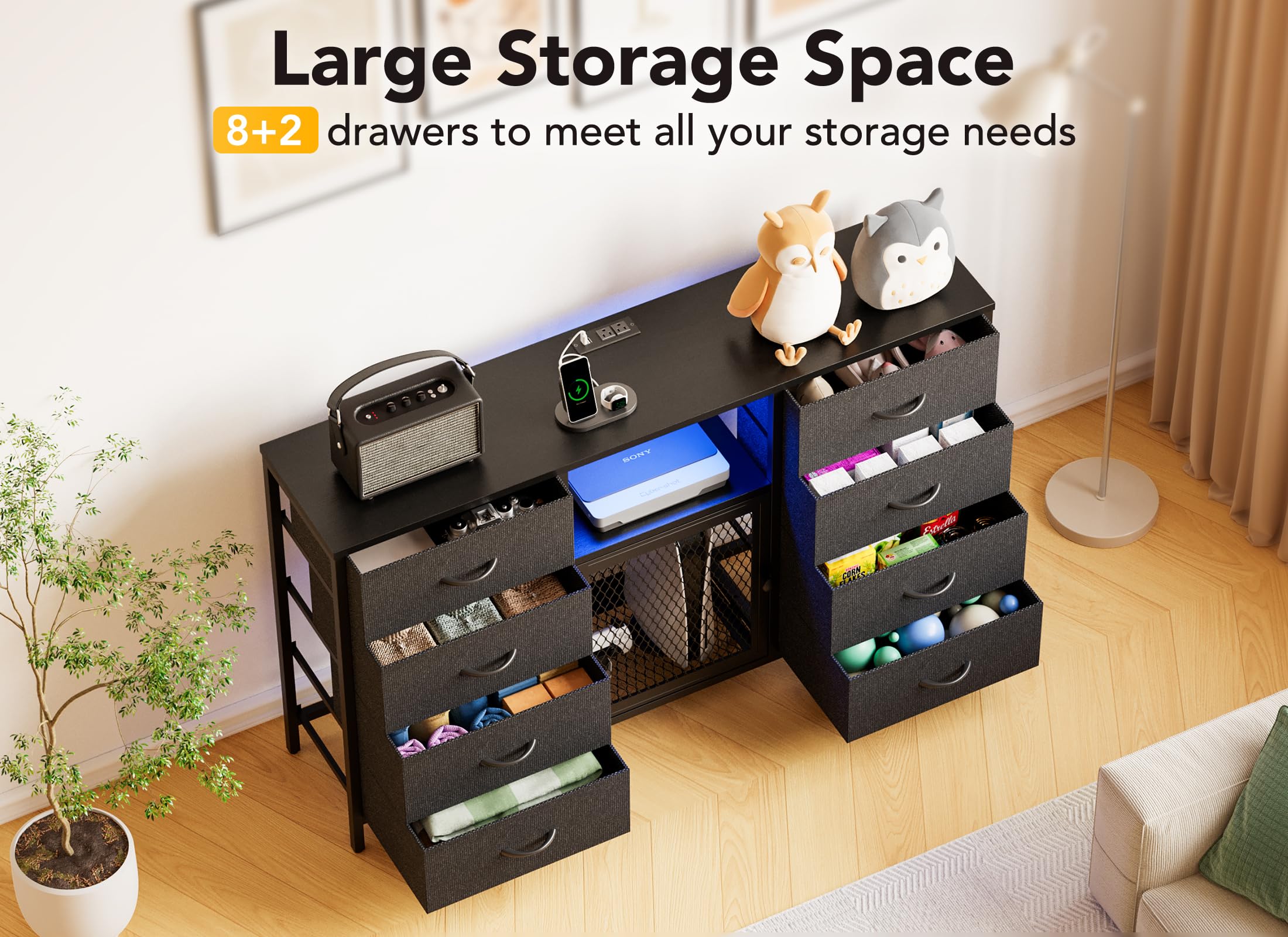 Decofy Dresser for Bedroom with LED Lights and Power Outlets, 8 Drawers TV Stand Dresser for 65 Inch TV, Fabric Chest of Drawers with Open Shelves,  Dressers for Bedroom, Closet: Black