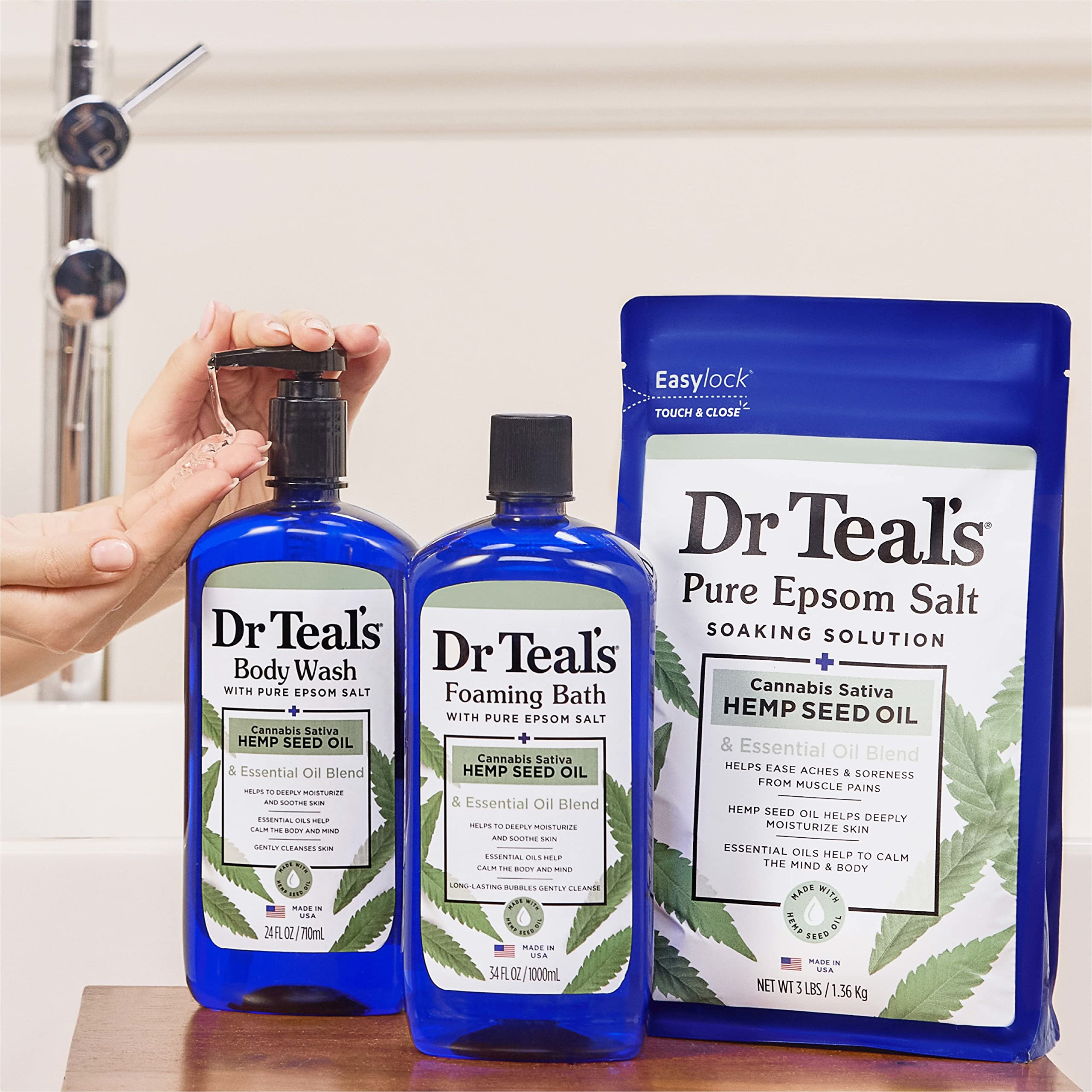 Dr Teal's Foaming Bath with Pure Epsom Salt, Cannabis Sativa Hemp Seed Oil, 34 fl oz (Pack of 4)