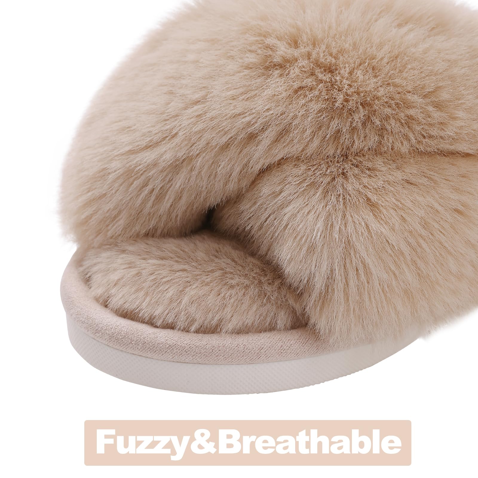 Evshine Women's Fuzzy Slippers Cross Band Memory Foam House Slippers Open Toe: 7-8 Camel