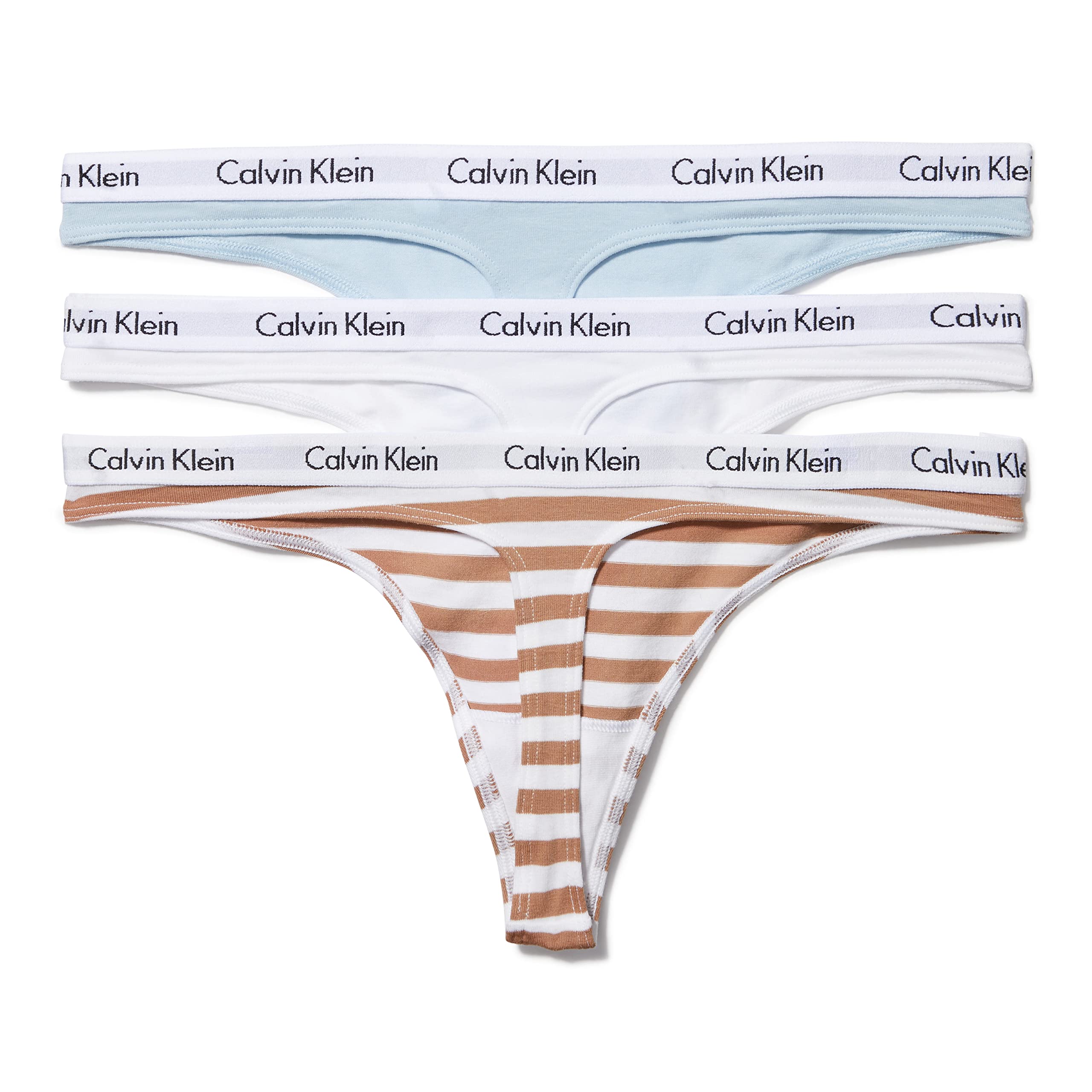 Calvin Klein Women's Carousel Logo Cotton Stretch Thong Panties, 3 Pack: Palest Blue/White/Rainer Stripe Sandalwood X-Large