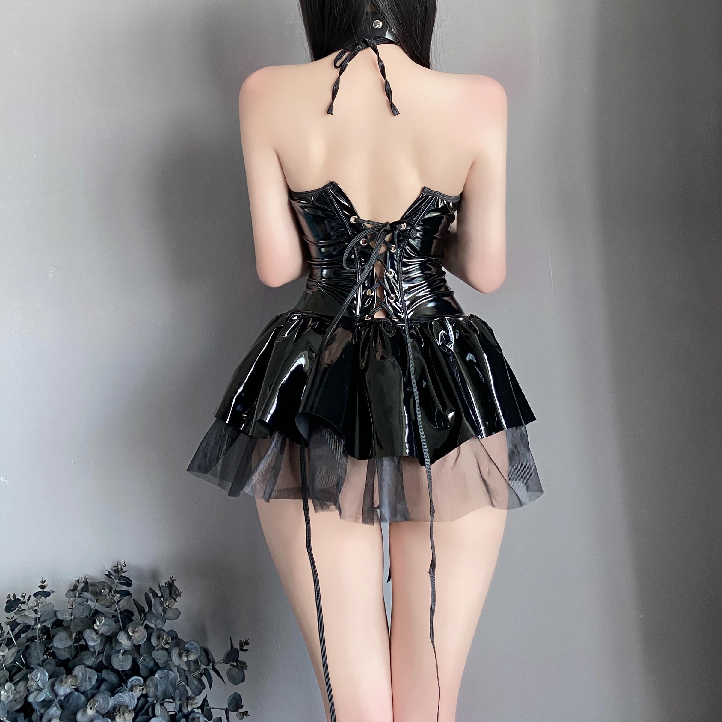 mzenuop Leather Bodysuit for Women Cute Anime Costumes Strap-On Bat Imp Skirt Set.: Black Small/Medium