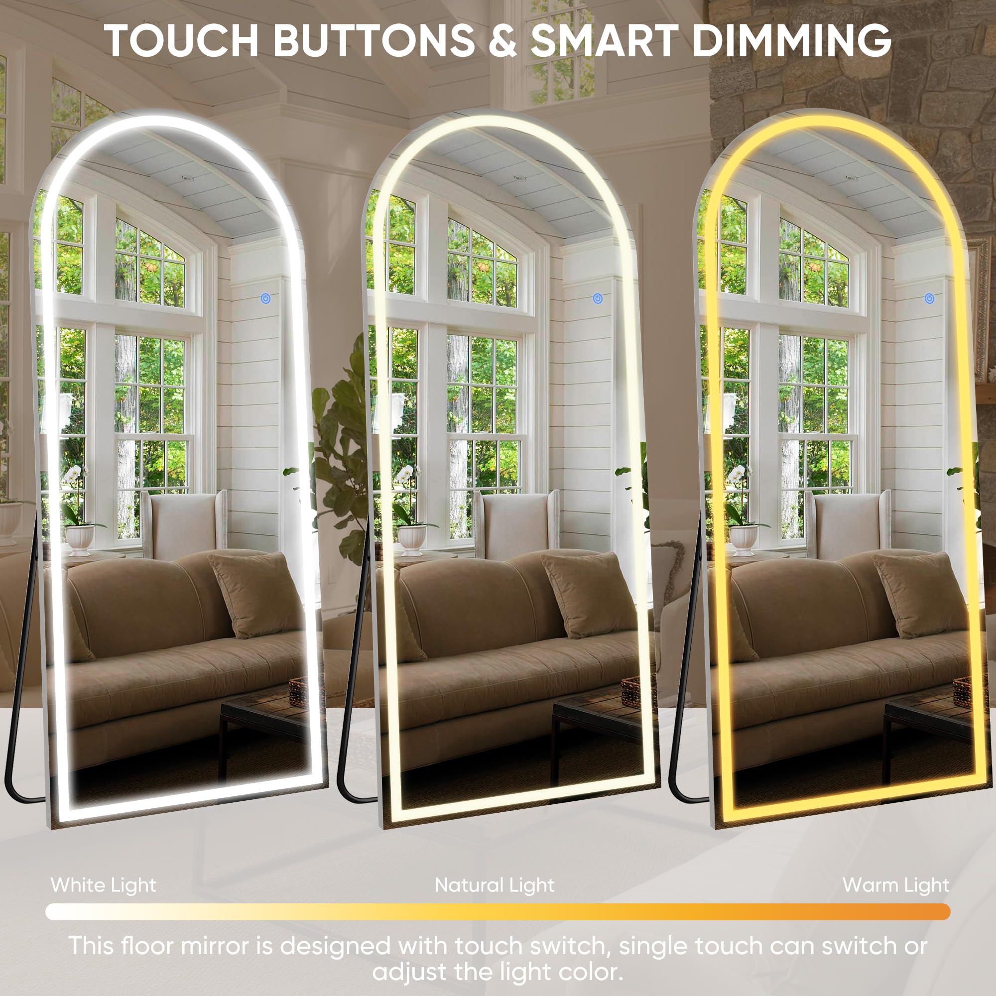 Antok LED Full Length Mirror, 71" x 28" Lighted Floor Standing LED Mirror Full Length,Hanging Mirrors with Stand Free Standing Floor Mirrors for Bedroom (Rect): 71"L x 28"W Arched Style White