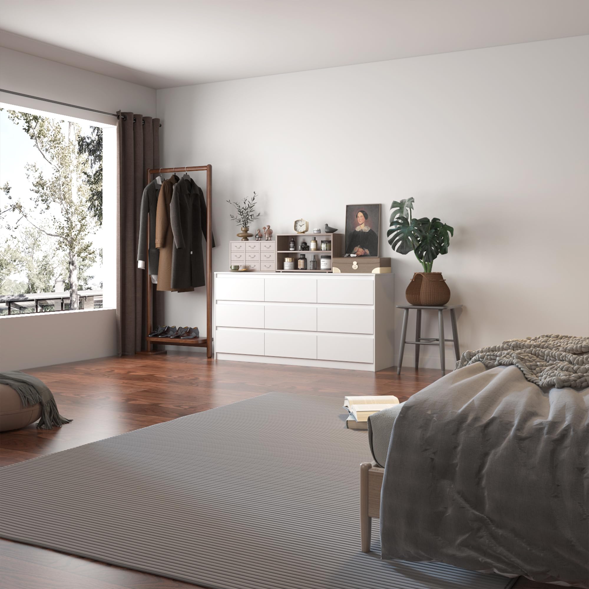 Hitow 9 Drawer Dresser for Bedroom with Deep Drawers, Large Floor Wood Dressers & Chest of Drawers Handle Free, Modern White Long Dressers for Closet Living Room, Euro Slide (63"W x 15.7"D x 31.5"H)