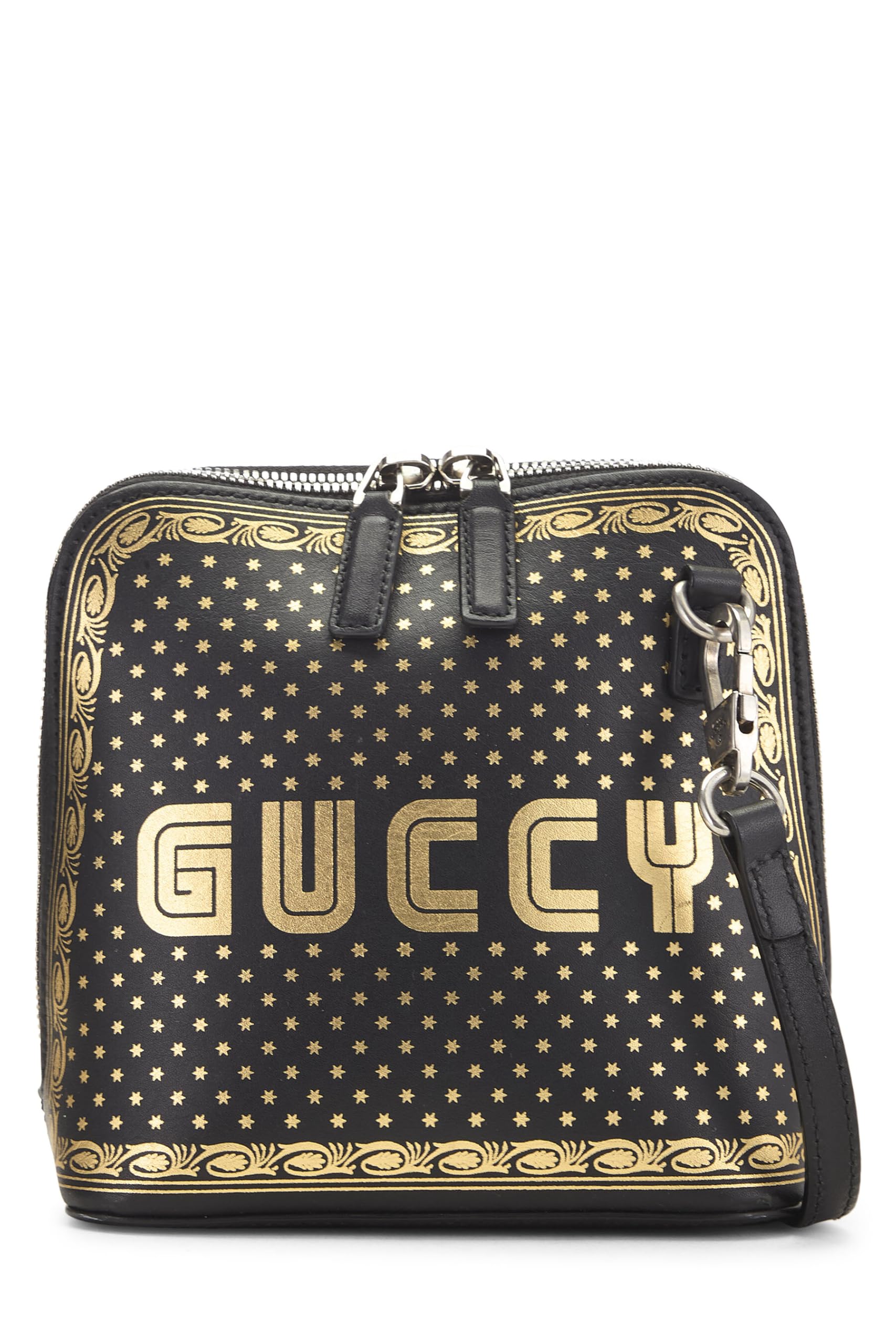 Gucci, Pre-Loved Black Leather Guccy Moon & Stars Dome Crossbody Mini, Black