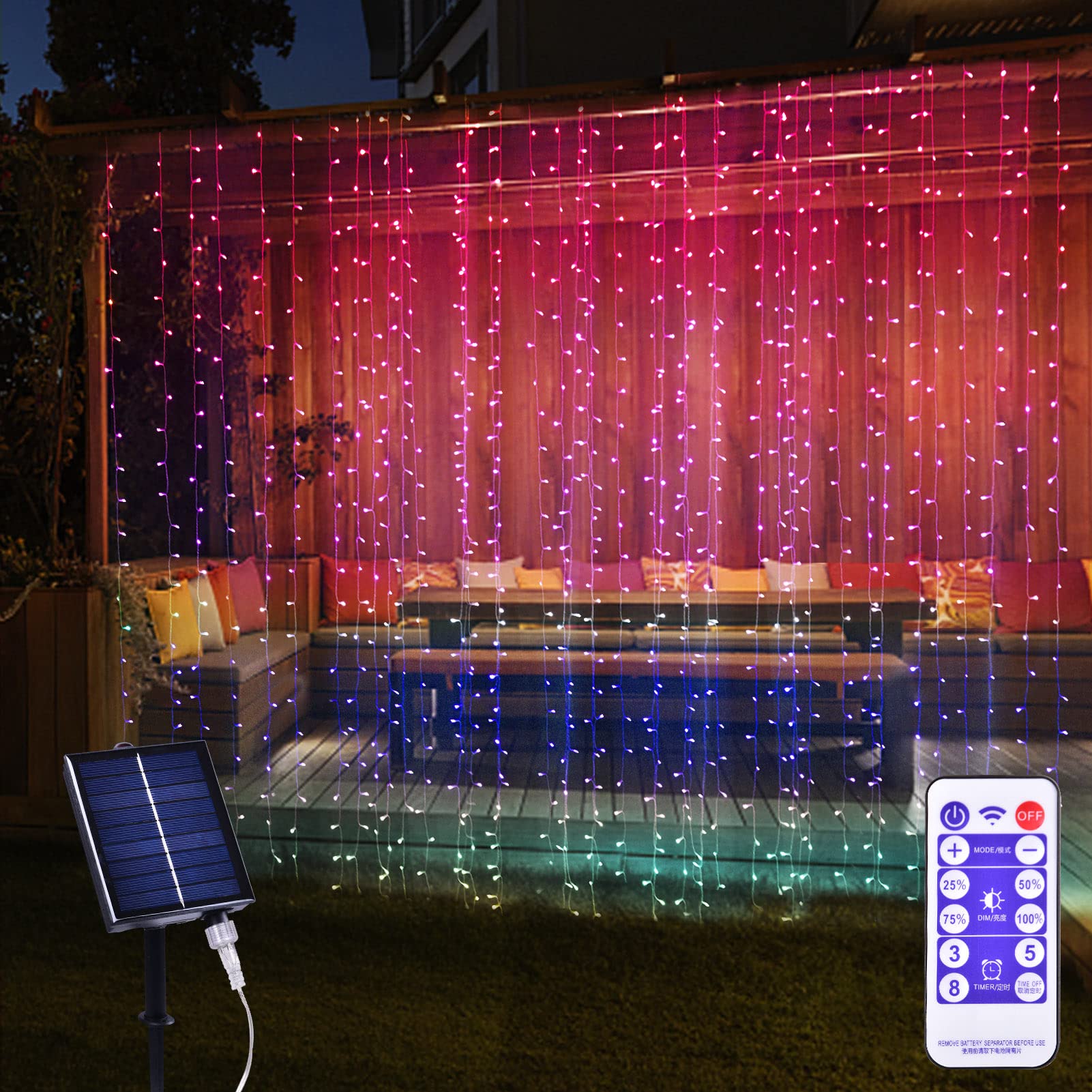 XINXIANLIAN 300LED Solar Curtain Lights Outdoor Indoor 8 Modes Solar Fairy Curtain String Lights Waterproof Twinkle Lights for Home Garden Patio Gazebo(): Multicolor